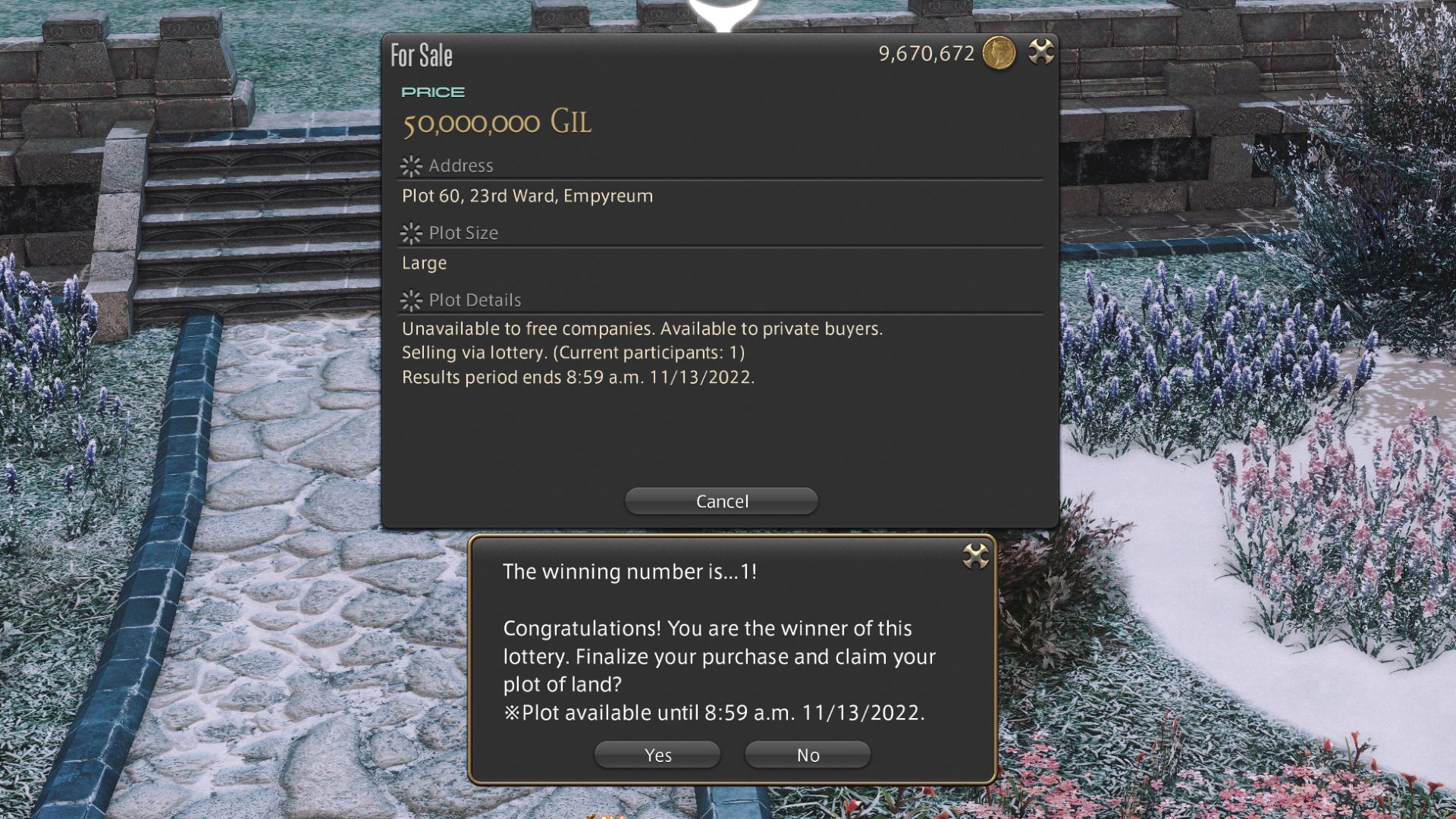 Final Fantasy 14 - The housing results window announcing the player pictured has a winning bid on the house.
