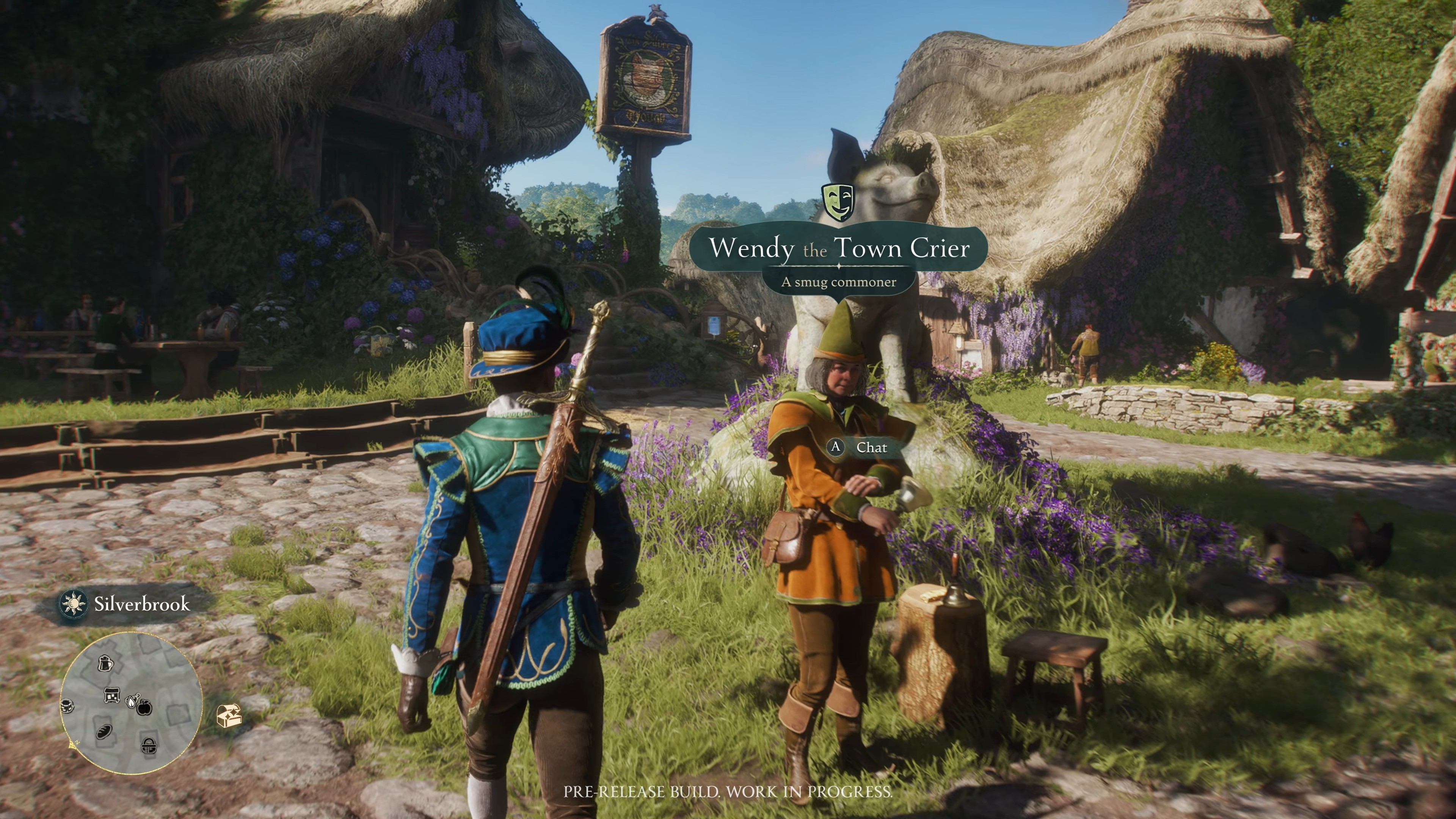 Fable demo - Wendy The Crier stands at the center of town as a hero walks by