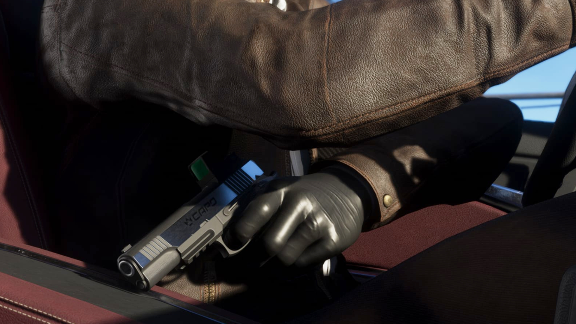 GTA 6 weapons: Raul holding a Capo pistol discreetly by his lap while driving.