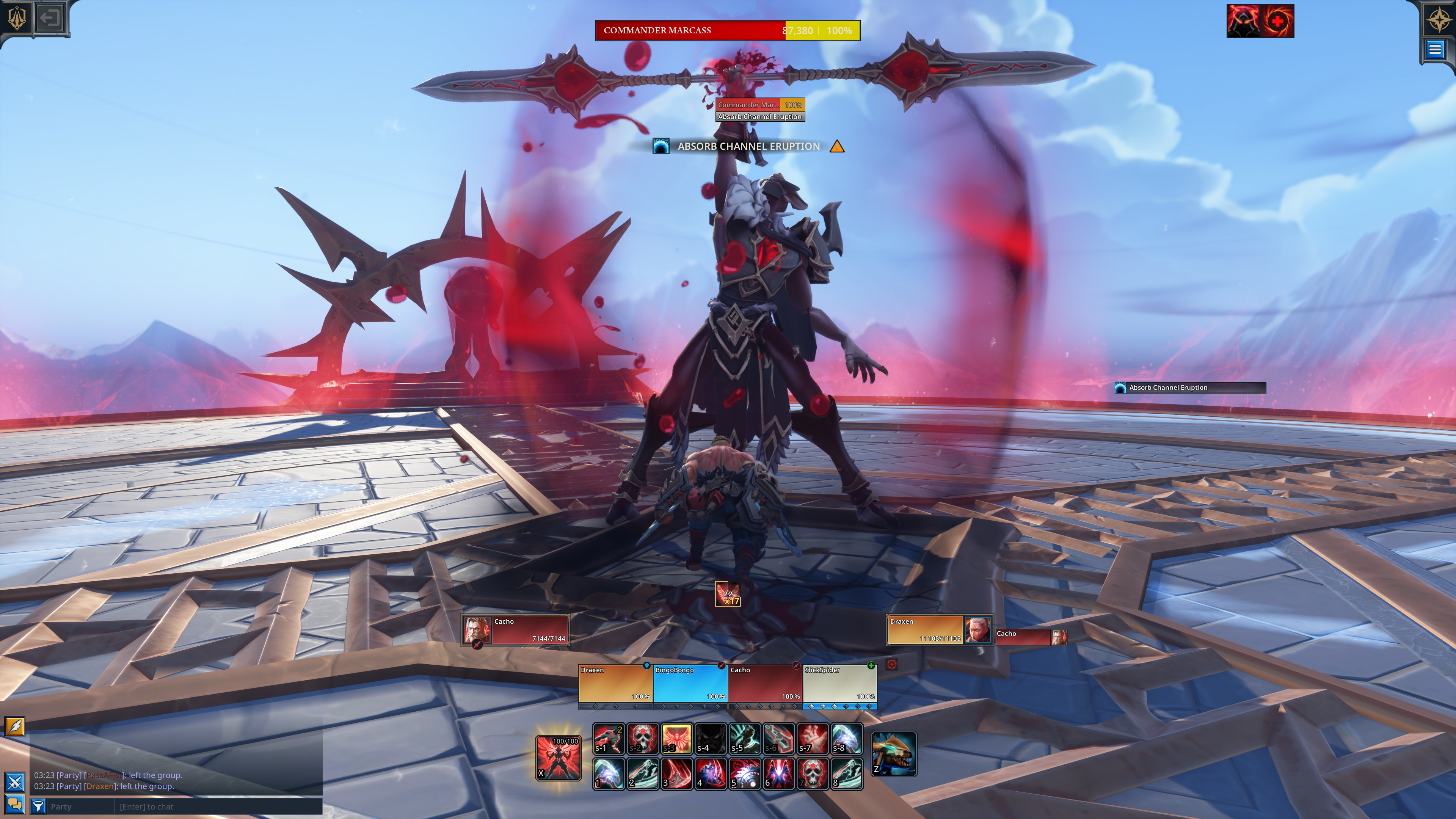 A promotional screenshot from co-op RPG Fellowship season 3. A group of players face off against a large boss in an open arena.