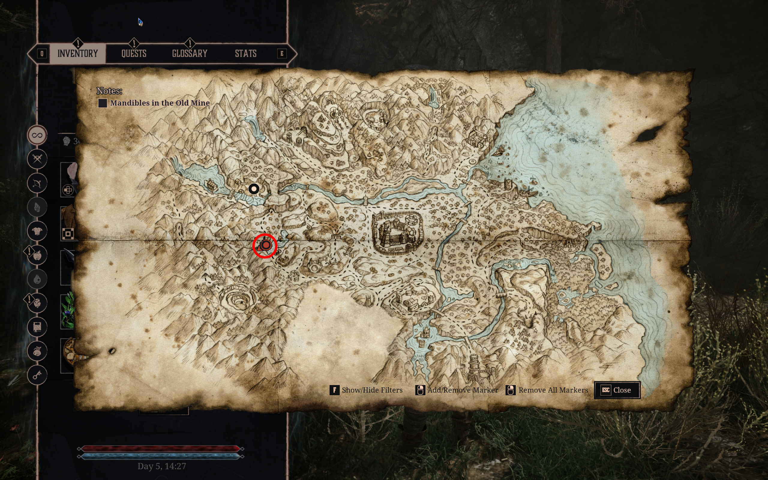 Gothic Remake New Camp: A map with a red circle showing the location of the pond cave where you'll learn more about Bran.