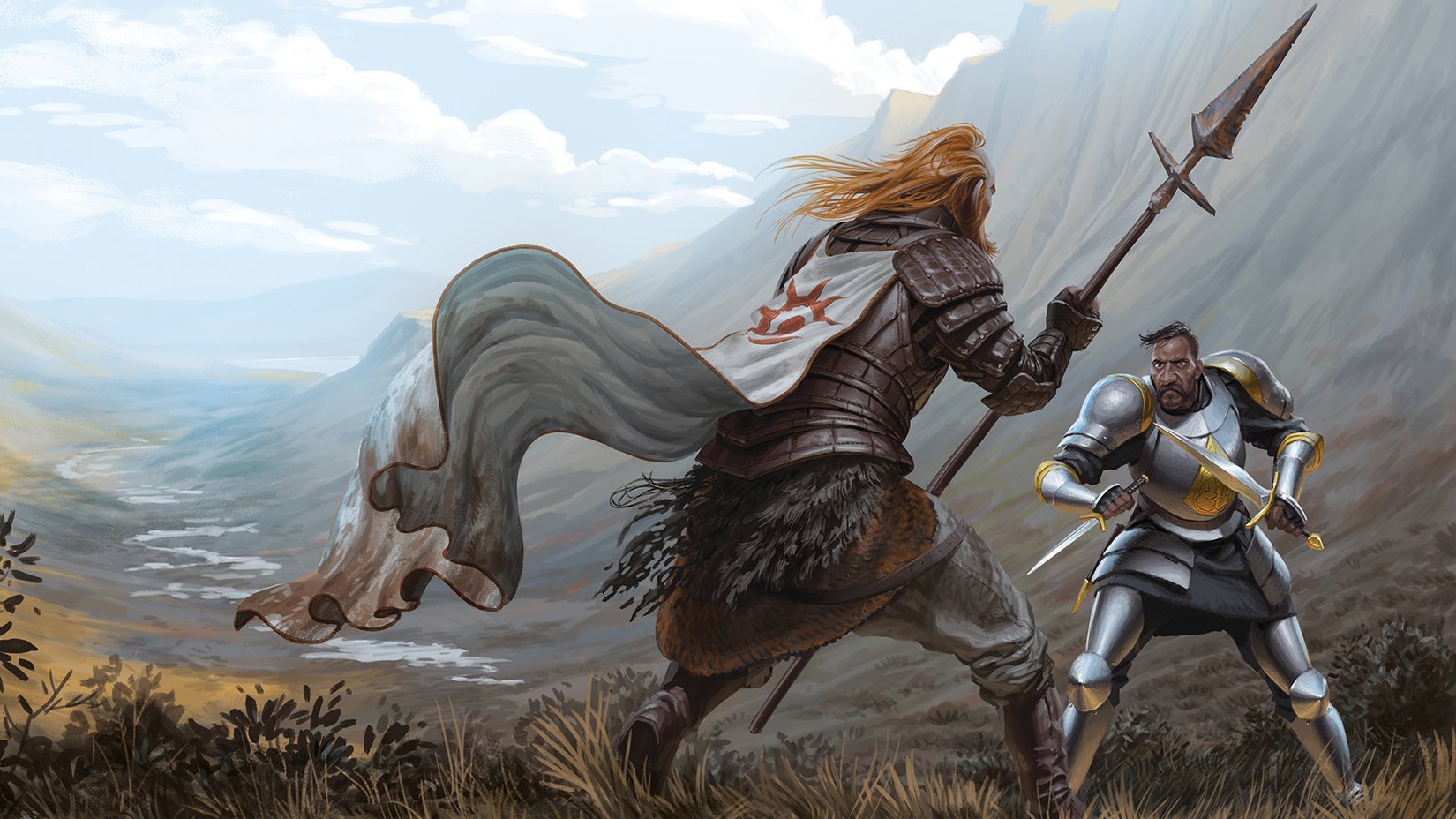 Two warriors fight in a field.