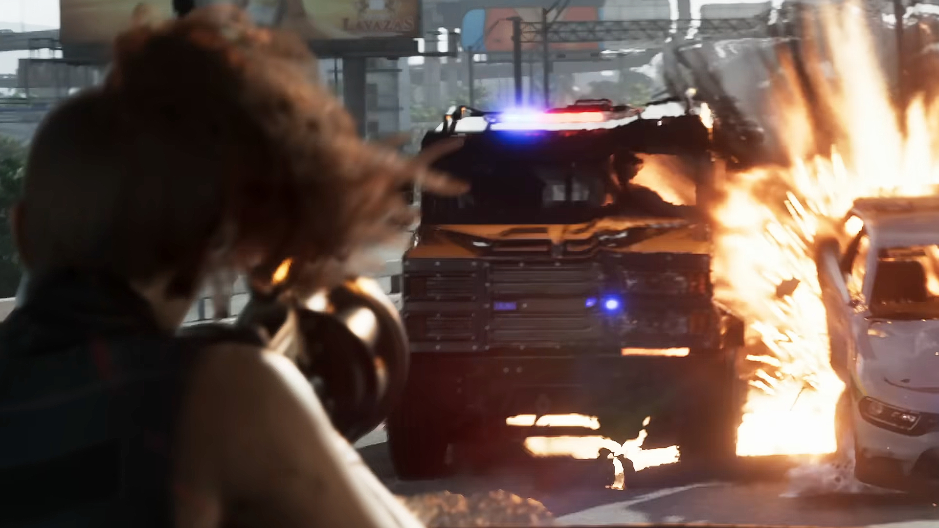 GTA 6 weapons: Lucia blowing up police cars with a grenade launcher.