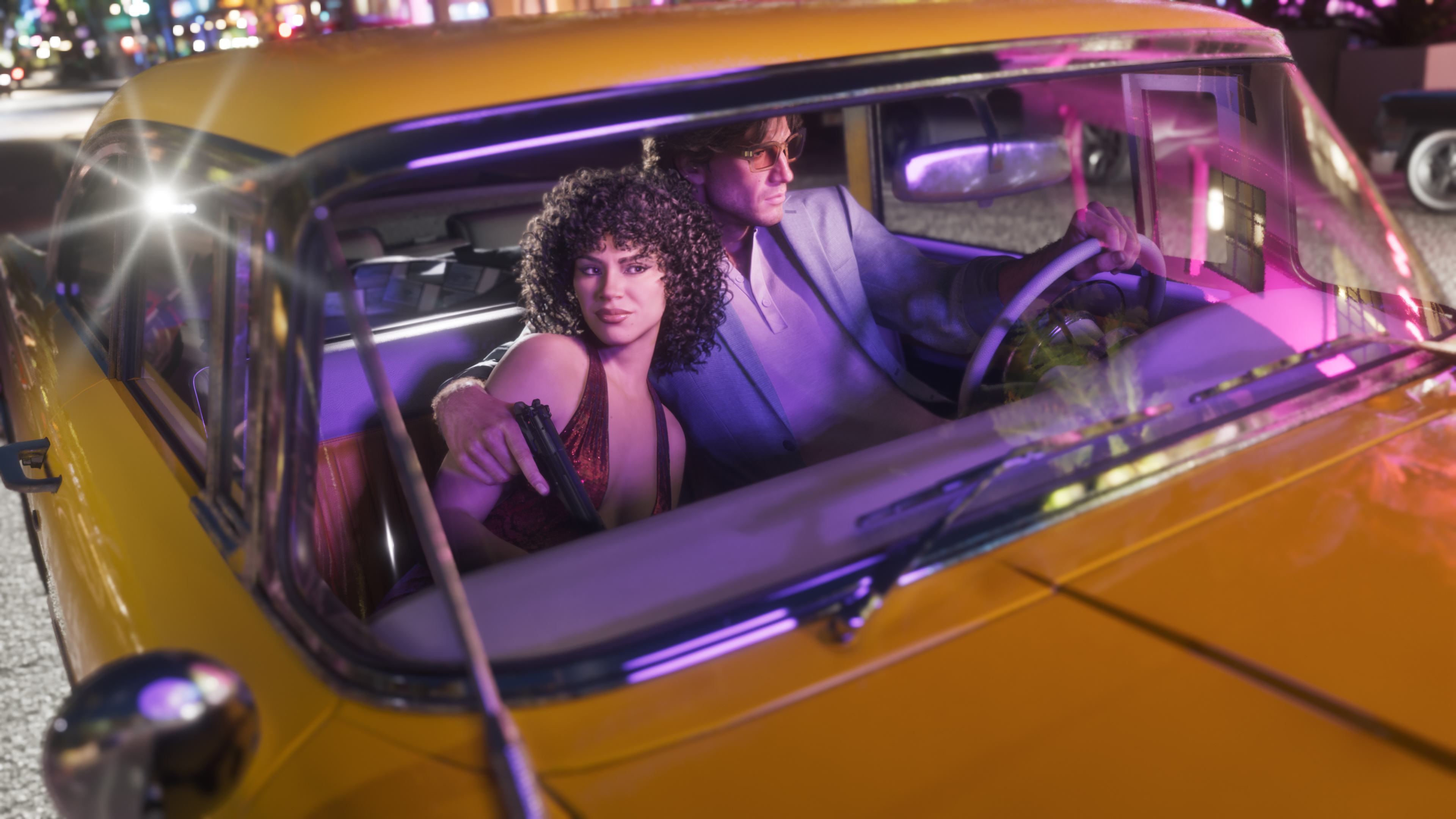 GTA 6 cars list: A close-up of Lucia and Jason cuddling while driving a classic 1955 Stanier.
