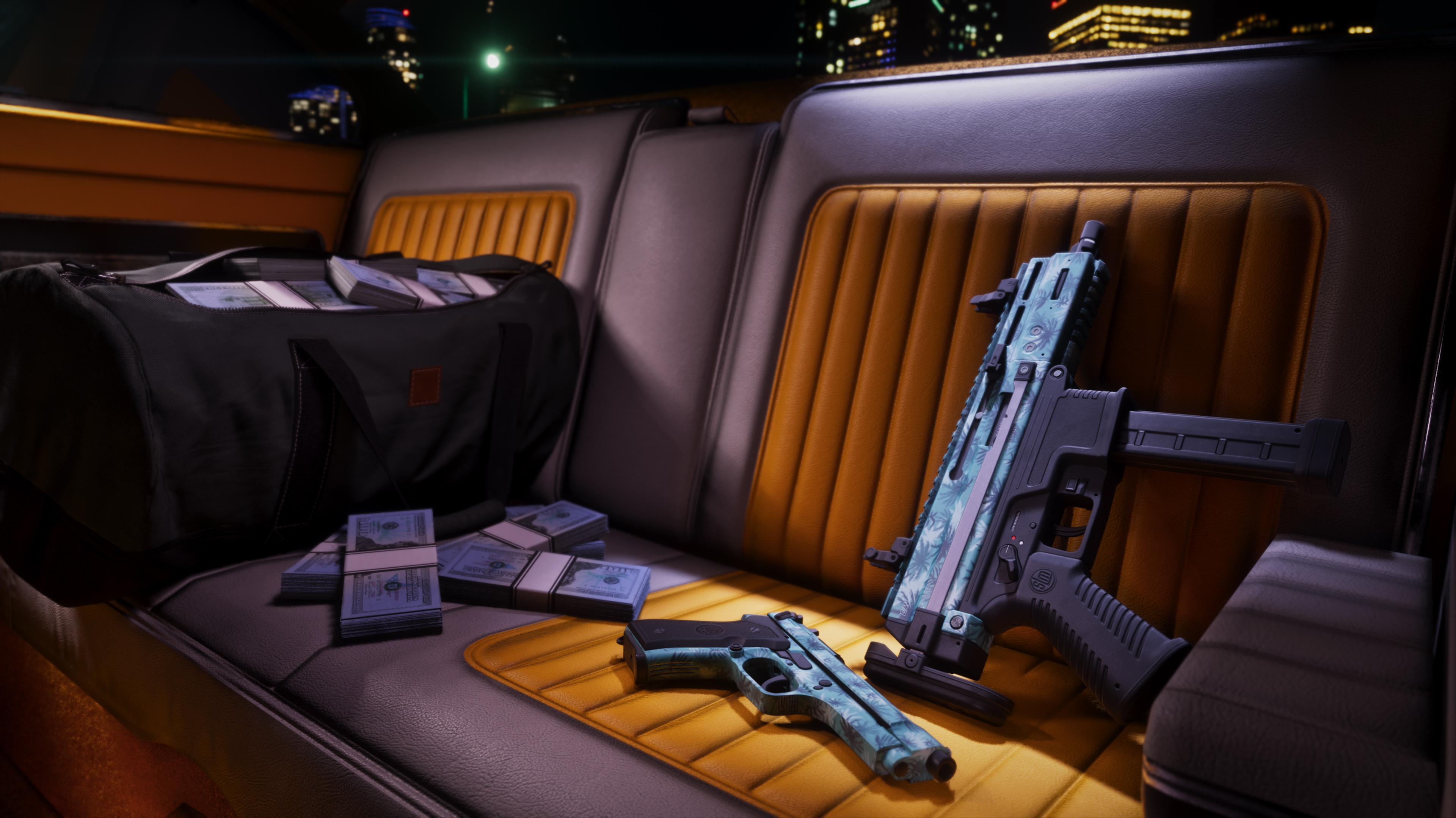 Guns and cash in backseat of car.