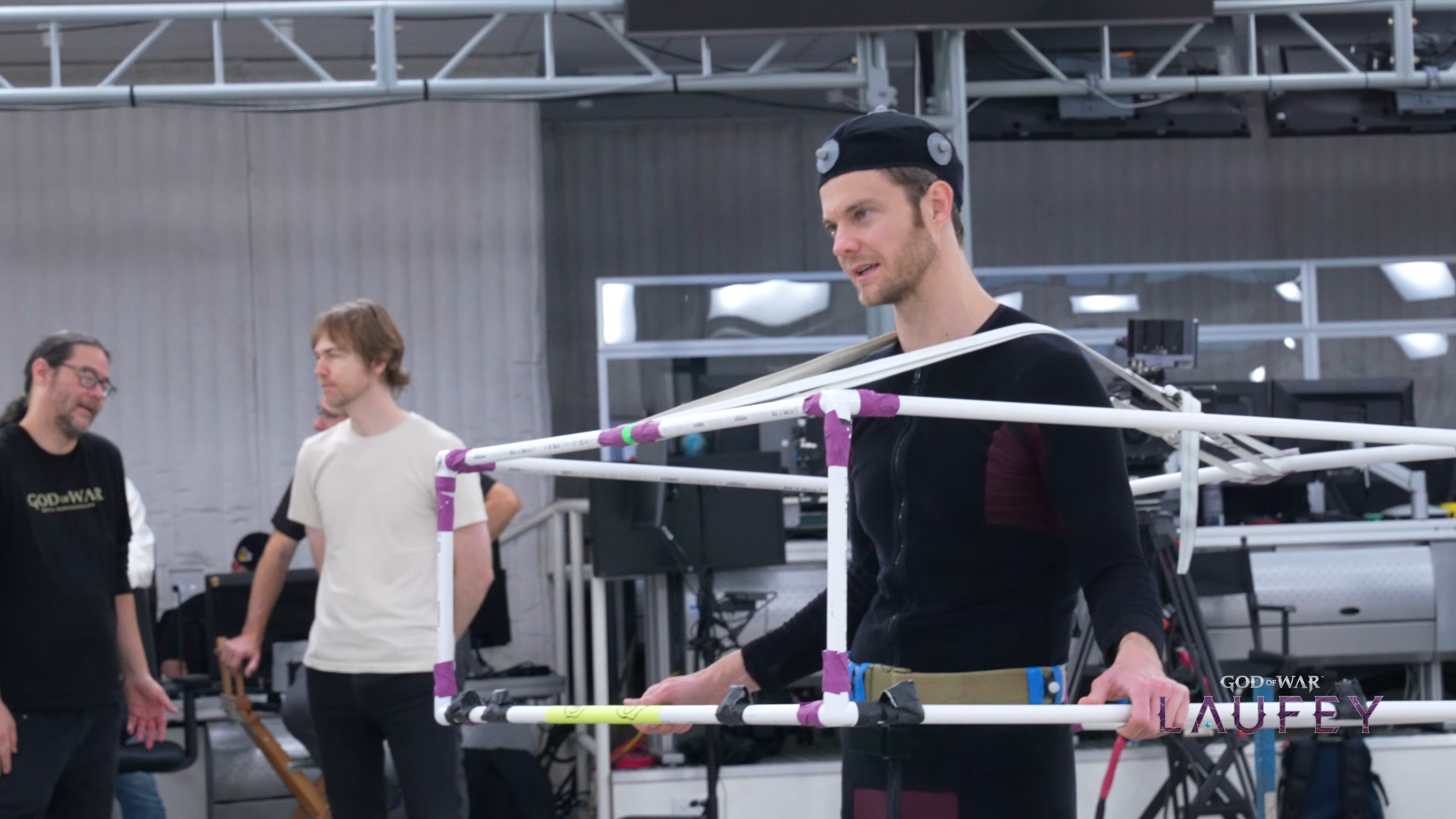 Jack Quaid wearing a cubic mocap rig for God of War Laufey.