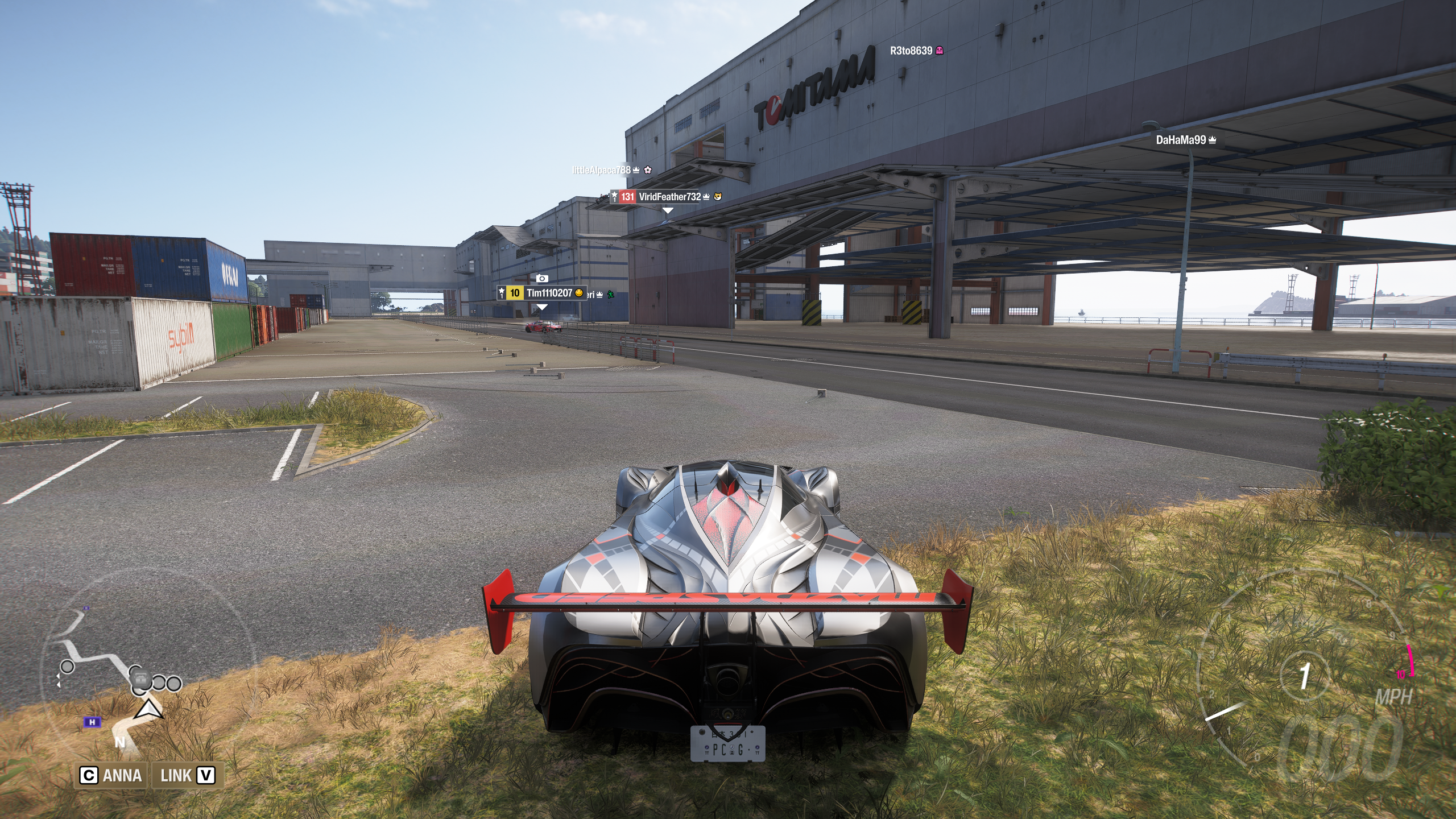 Forza Horizon 6 Tokyo City Treasure Hunt location: A Mazda Furai parked outside of a warehouse at the docks.