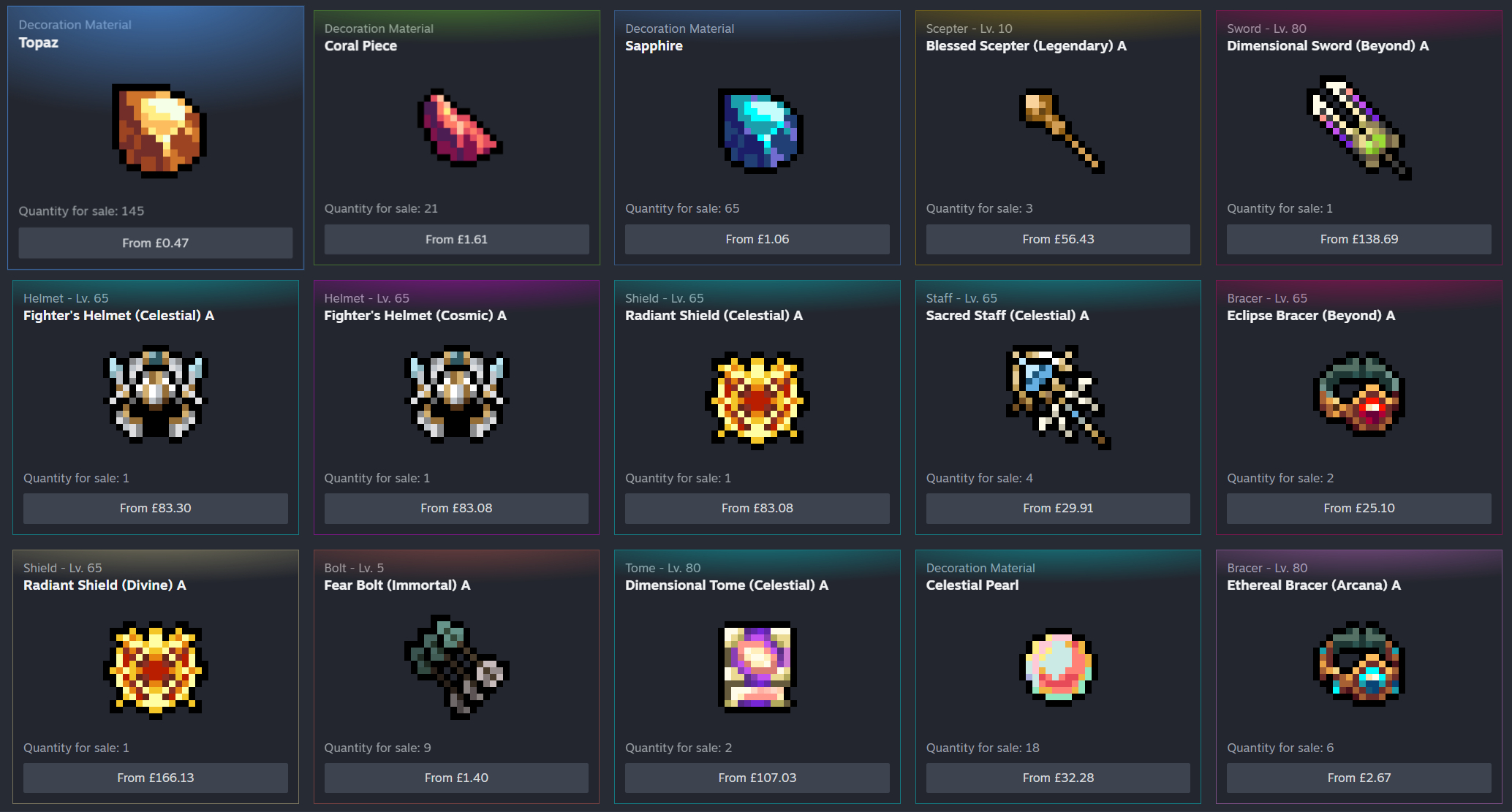 A screenshot of various items from Task Bar Hero listed on Steam's marketplace.