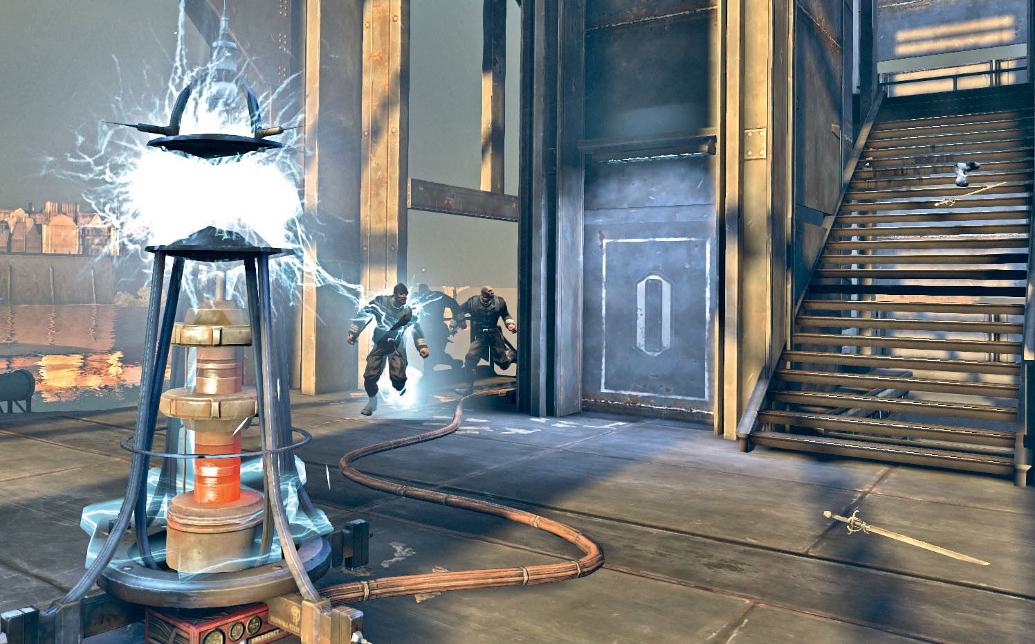 A group of enemy guards from Dishonored is zapped by electricity from a rewired pylon.
