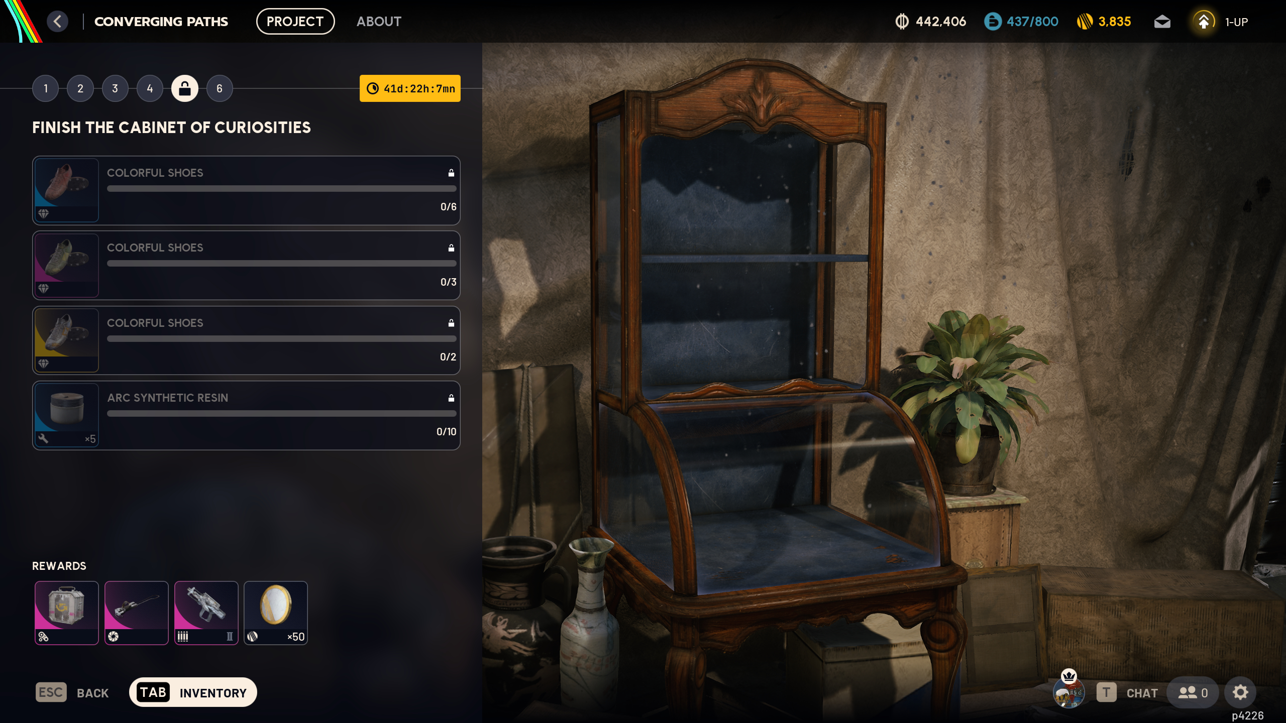 Arc Raiders Converging Paths: The project overview screen, showing the steps required and the various rewards available for the fifth stage.