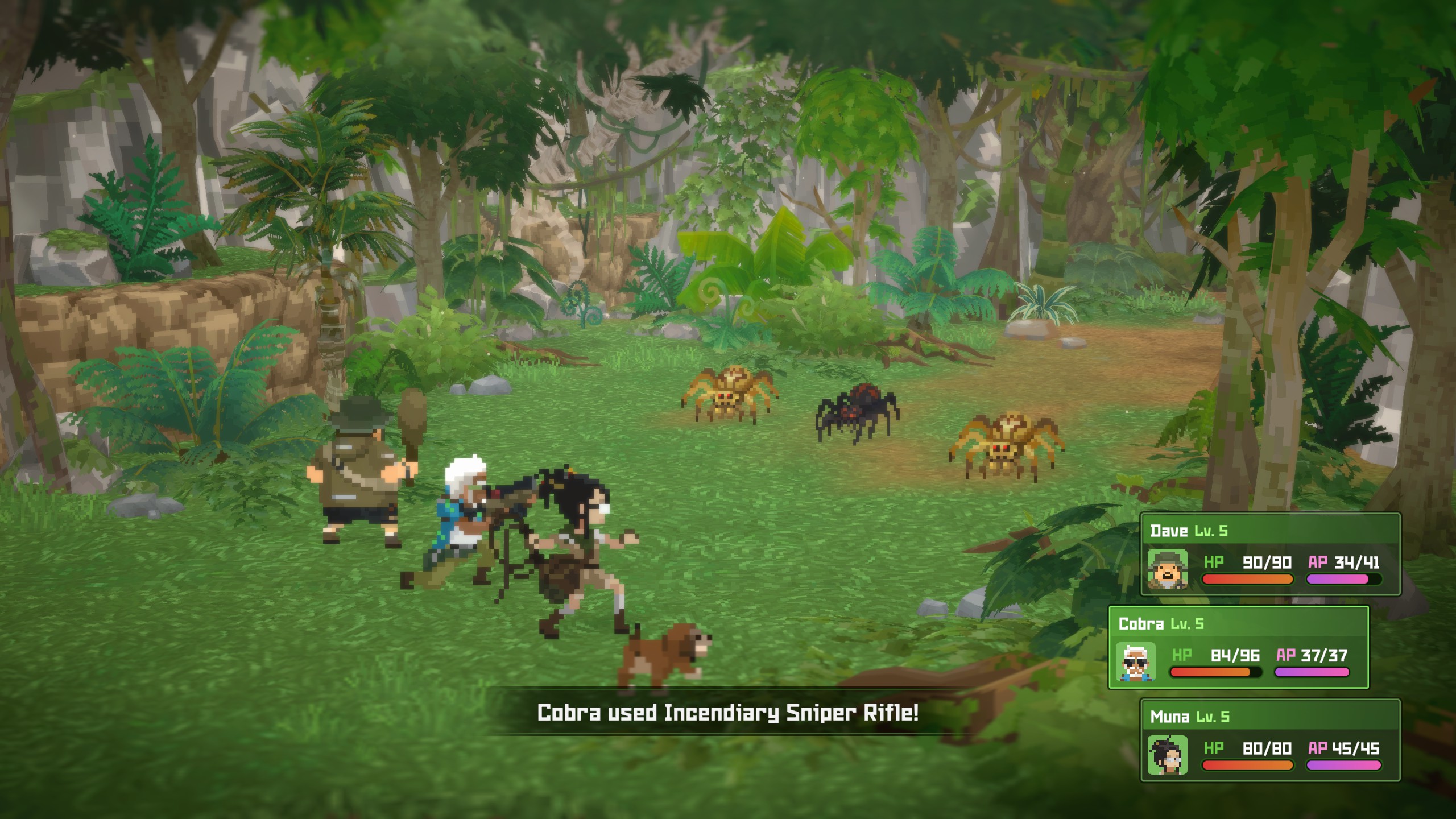 Adventurers facing off against giant spiders in turn-based combat