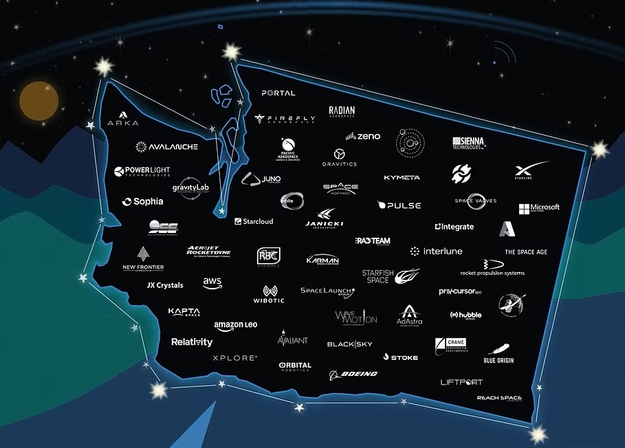 Washington state map marked with company logos of space ventures
