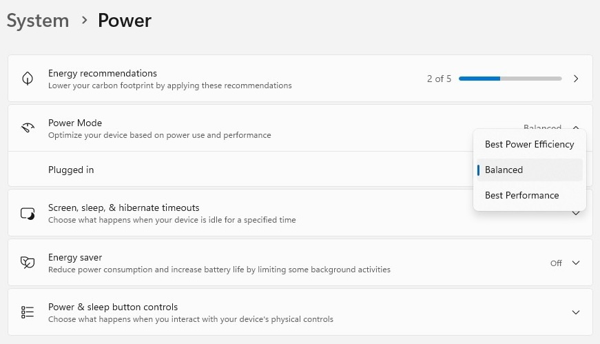 changing power mode in windows 11 settings