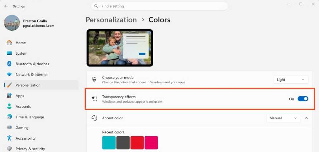 screenshot of windows settings > personalization > colors screen with transparency effects toggle highlighted