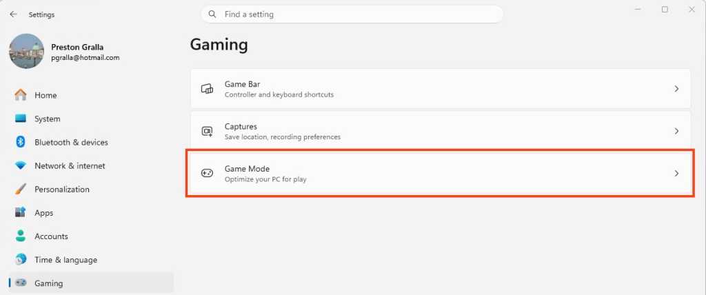 screenshot of windows settings > gaming screen with game mode area highlighted
