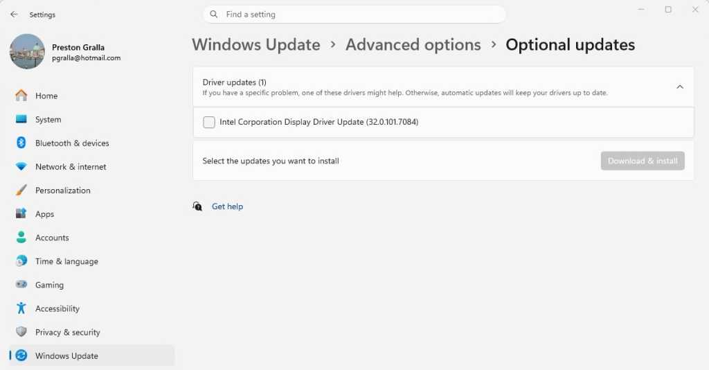 screenshot of windows update > advanced options > optional updates screen listing an intel driver update