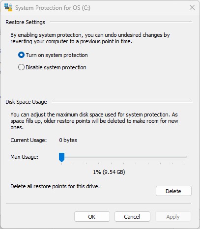 turning on system restore in the restore settings dialog box