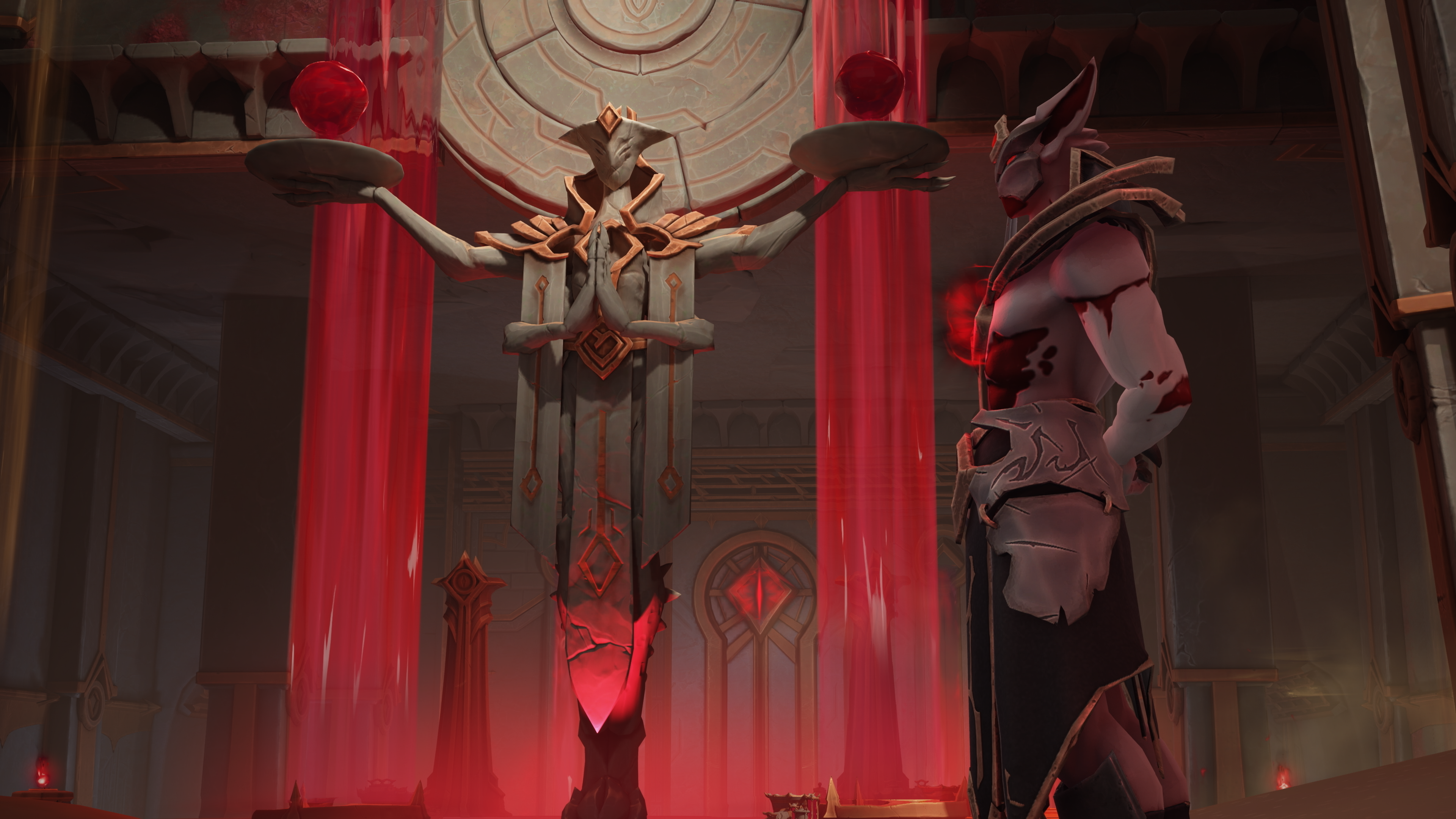 A promotional screenshot from co-op RPG Fellowship season 3. A masked man stands in front of a statue in a red room.