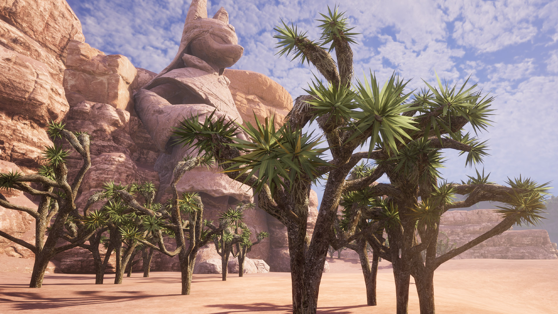 Palworld - The Twilight Desert with several spikey-leafed trees in front of the Anubis statue.