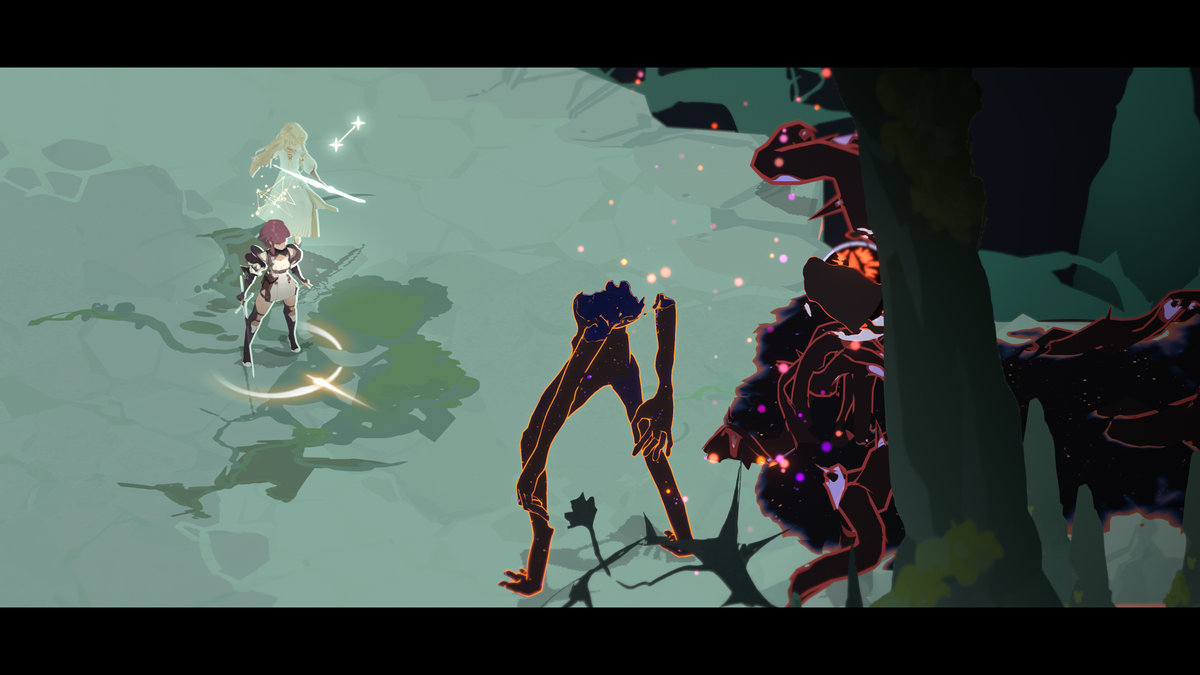 A screenshot of action RPG Lunarium. Two characters stand before a shadow monster as it fades out of existence.
