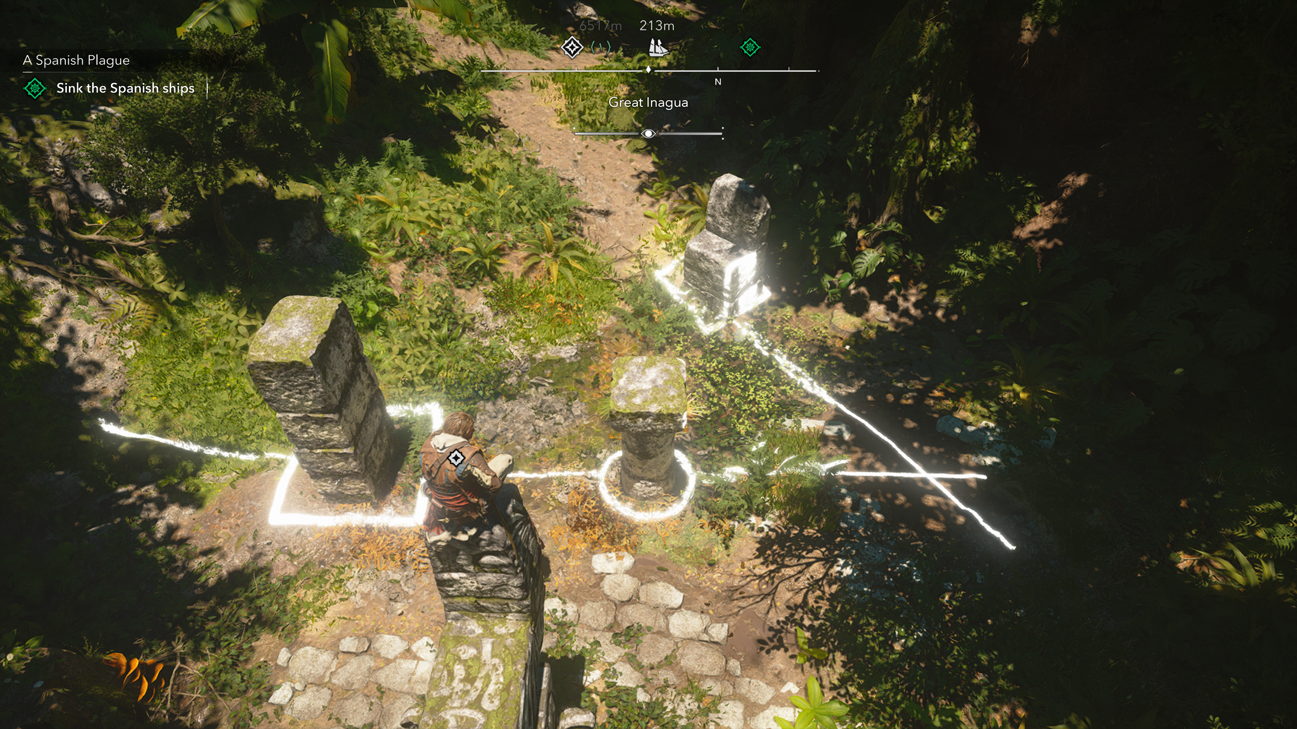 Black Flag Mayan stones: Edward crouched on top of the stele solving the puzzle in the ruins below.