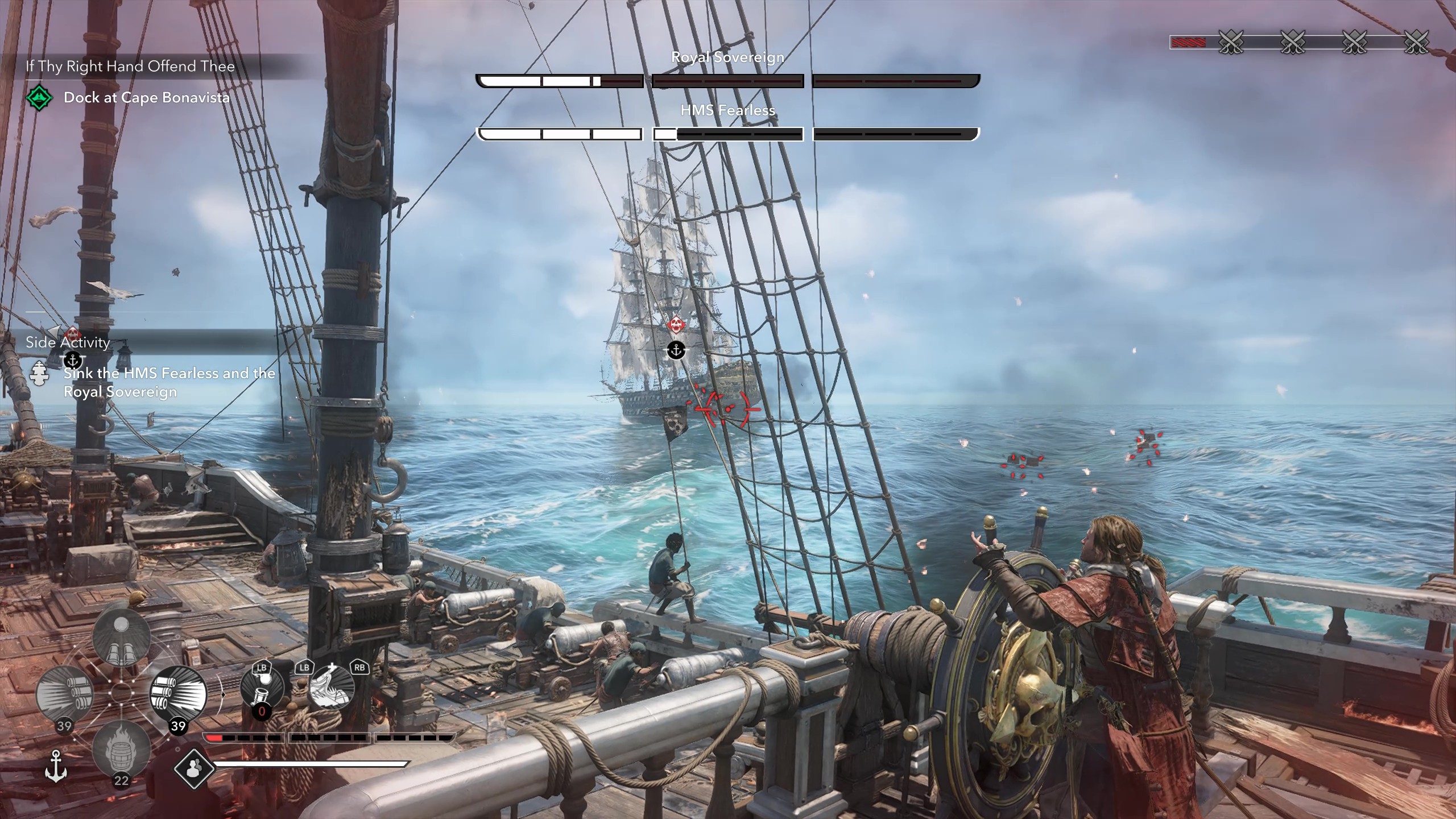 Black Flag legendary ships: Gameplay of naval combat showing the player aiming at HMS Fearless in the distance.