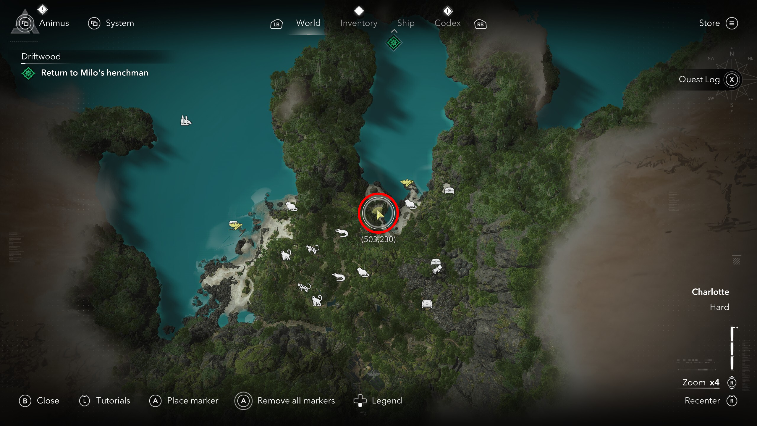 Black Flag treasure maps: A screenshot of the map with a red circle highlighting the location of the Long Bay buried chest.