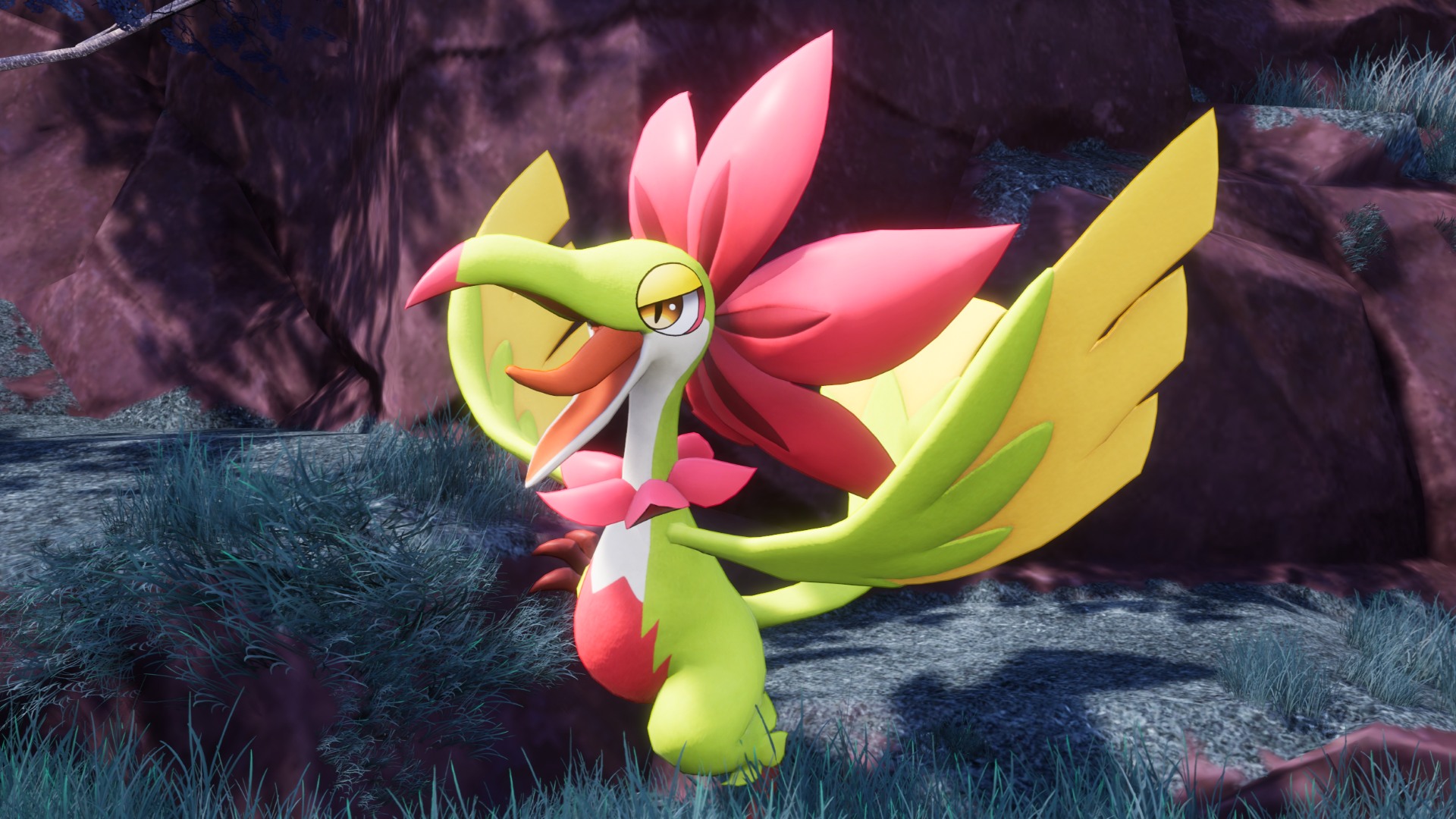 Palworld - Tropicaw, a green, yellow and pink bird pal