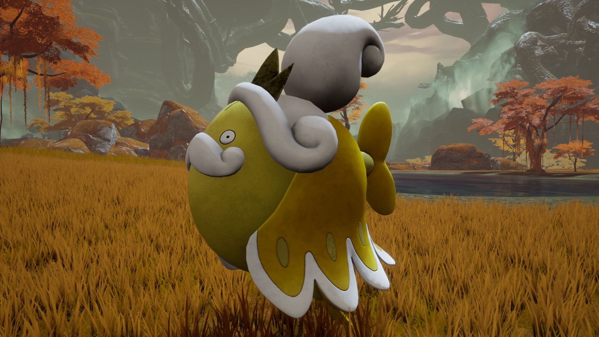 Palworld - A yellow fish-like pal floating on land