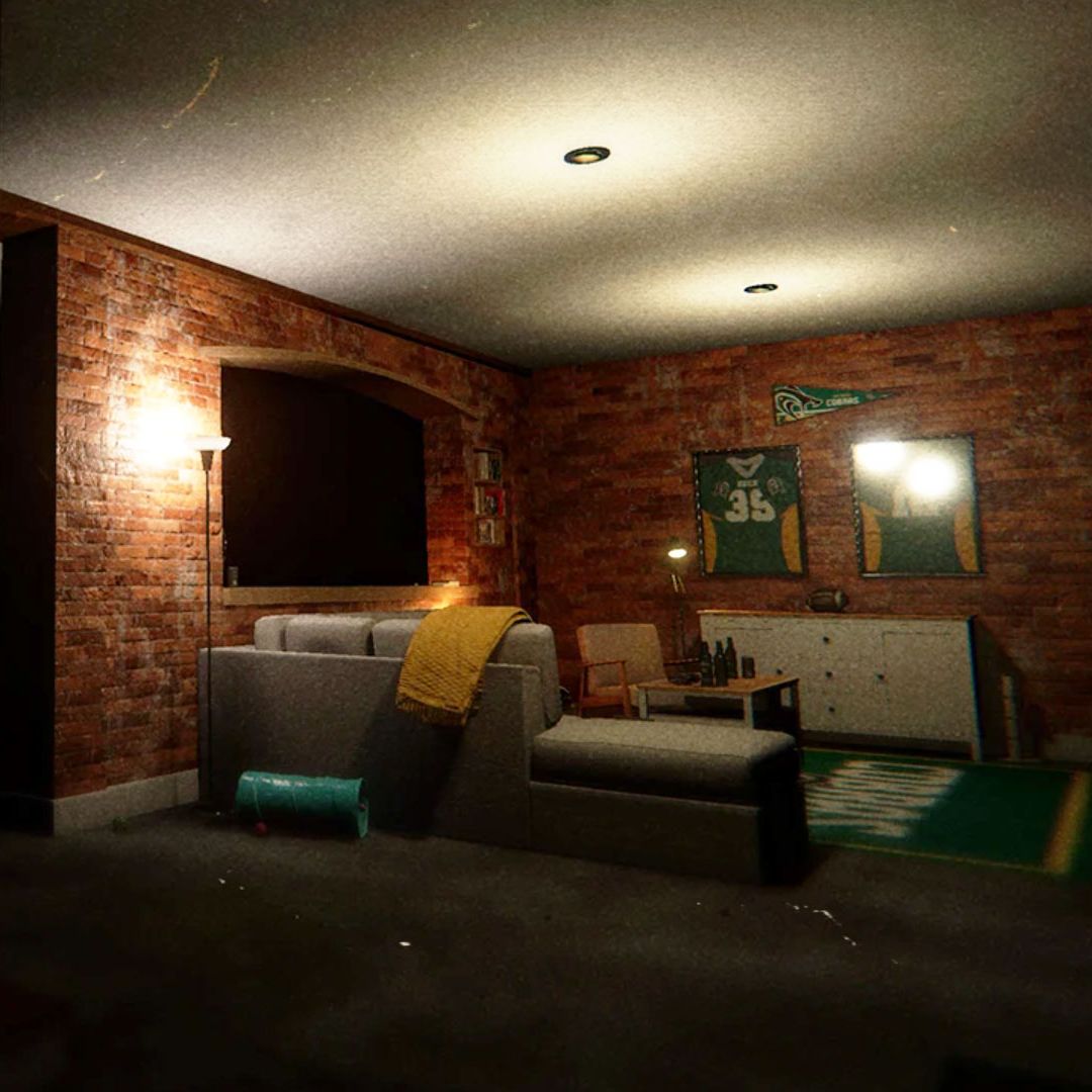 Phasmophobia - A distant shot of the reworked Willowstreet map, showing the downstairs basements. There's a couch, one side table, and bar near a few jerseys on display.