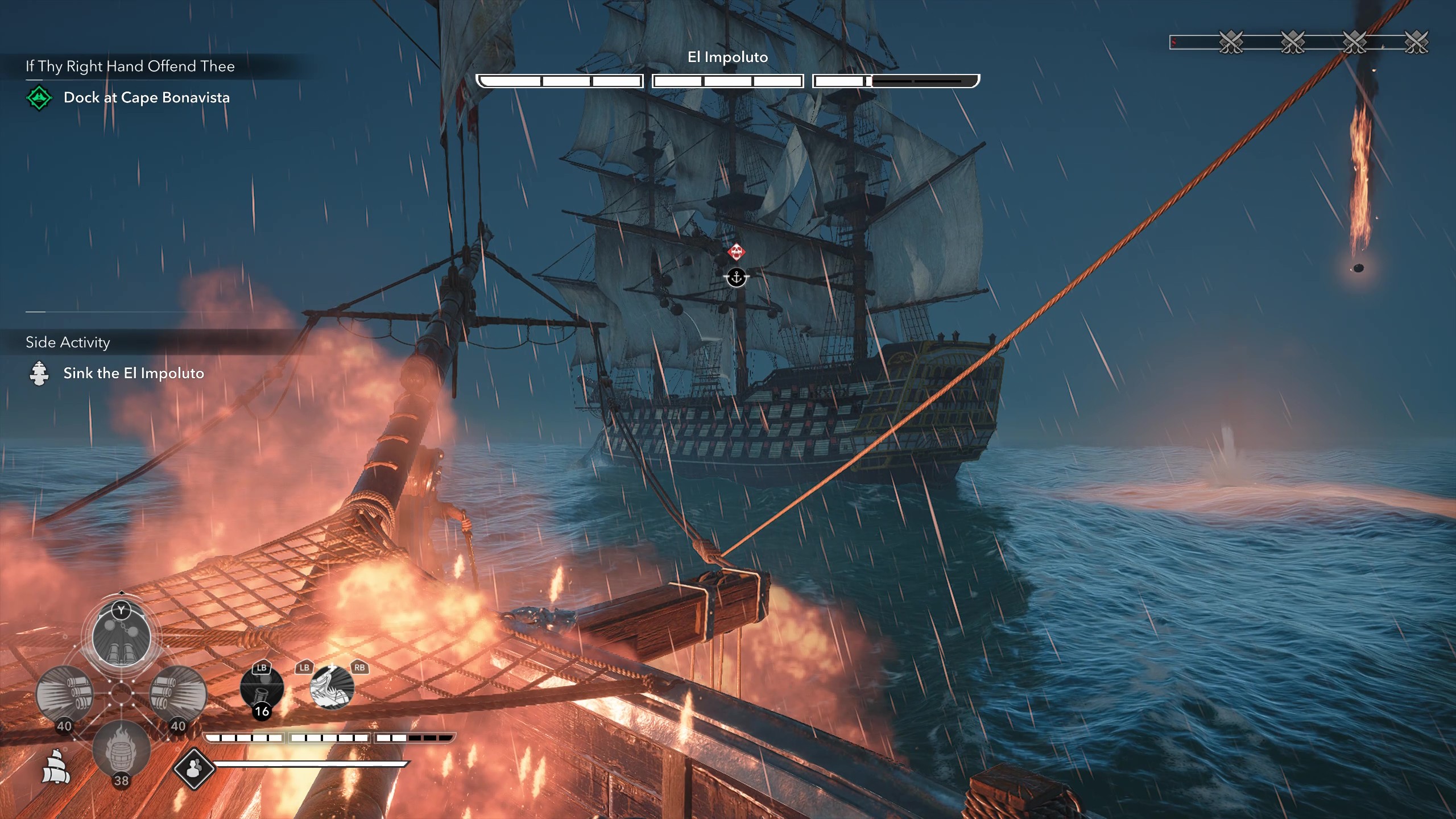 Black Flag legendary ships: Gameplay of naval combat, with the player aiming front cannons at El Impoluto.