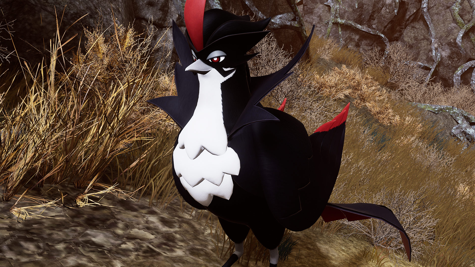 Palworld - Roujay, a black, red, and white fire bird pal