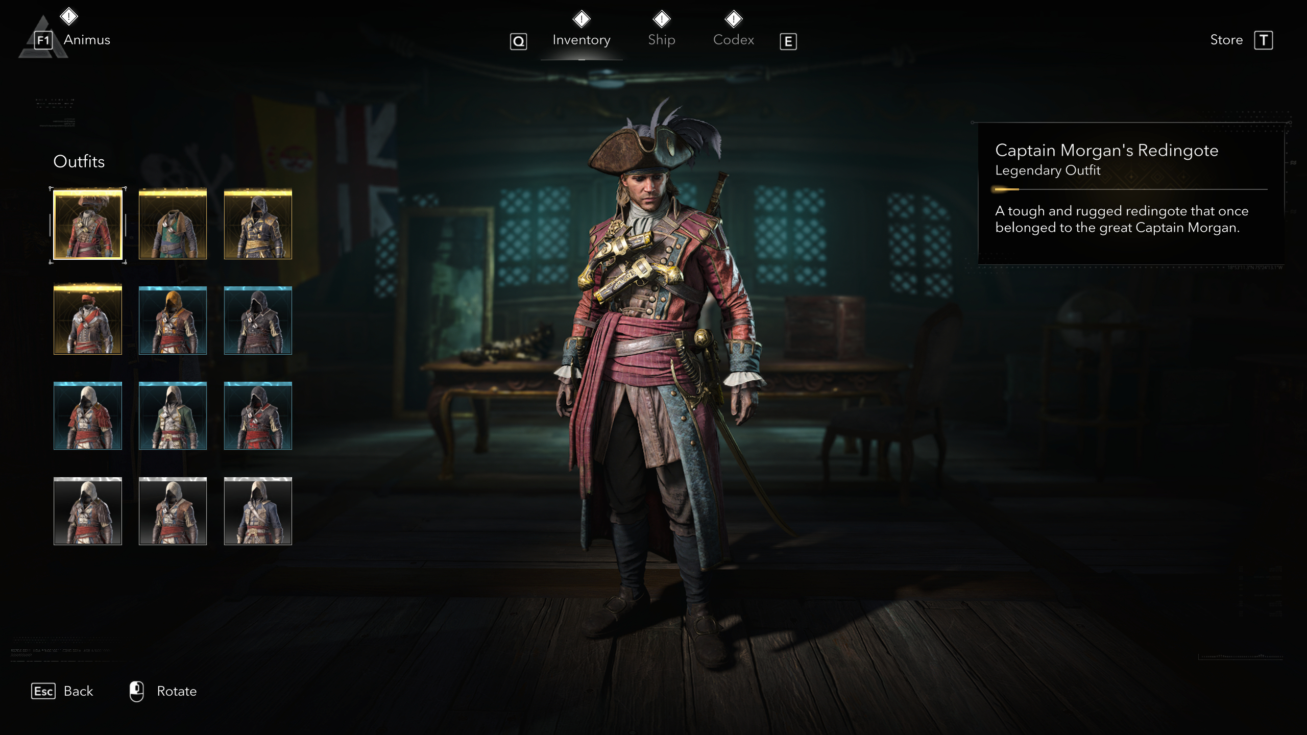 Black Flag outfits: Captain Morgan's Redingote outfit viewed in the menu.