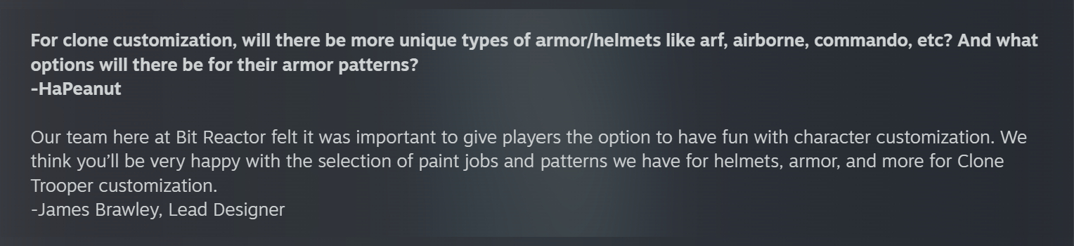A screenshot from the Star Wars Zero Company Q&amp;A on Steam, specifically a question about Clone armour customisation options.