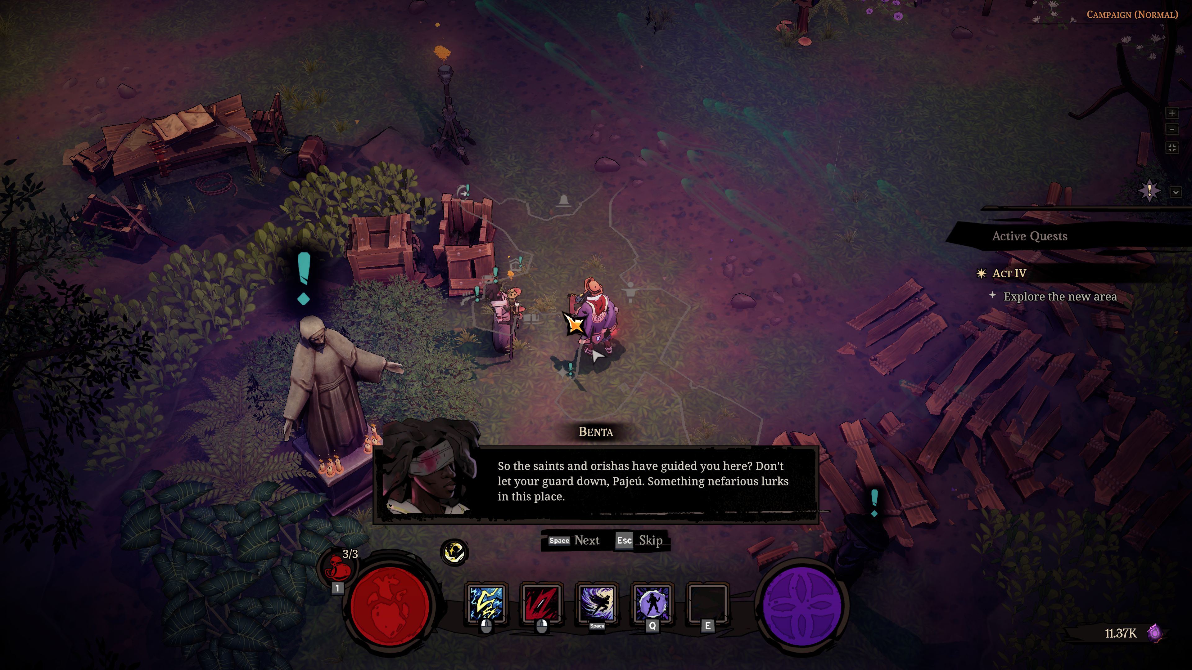 A screenshot of a Hell Clock. Two characters converse in a gloomy grove next to a tall stone statue with an exclamation point above it.
