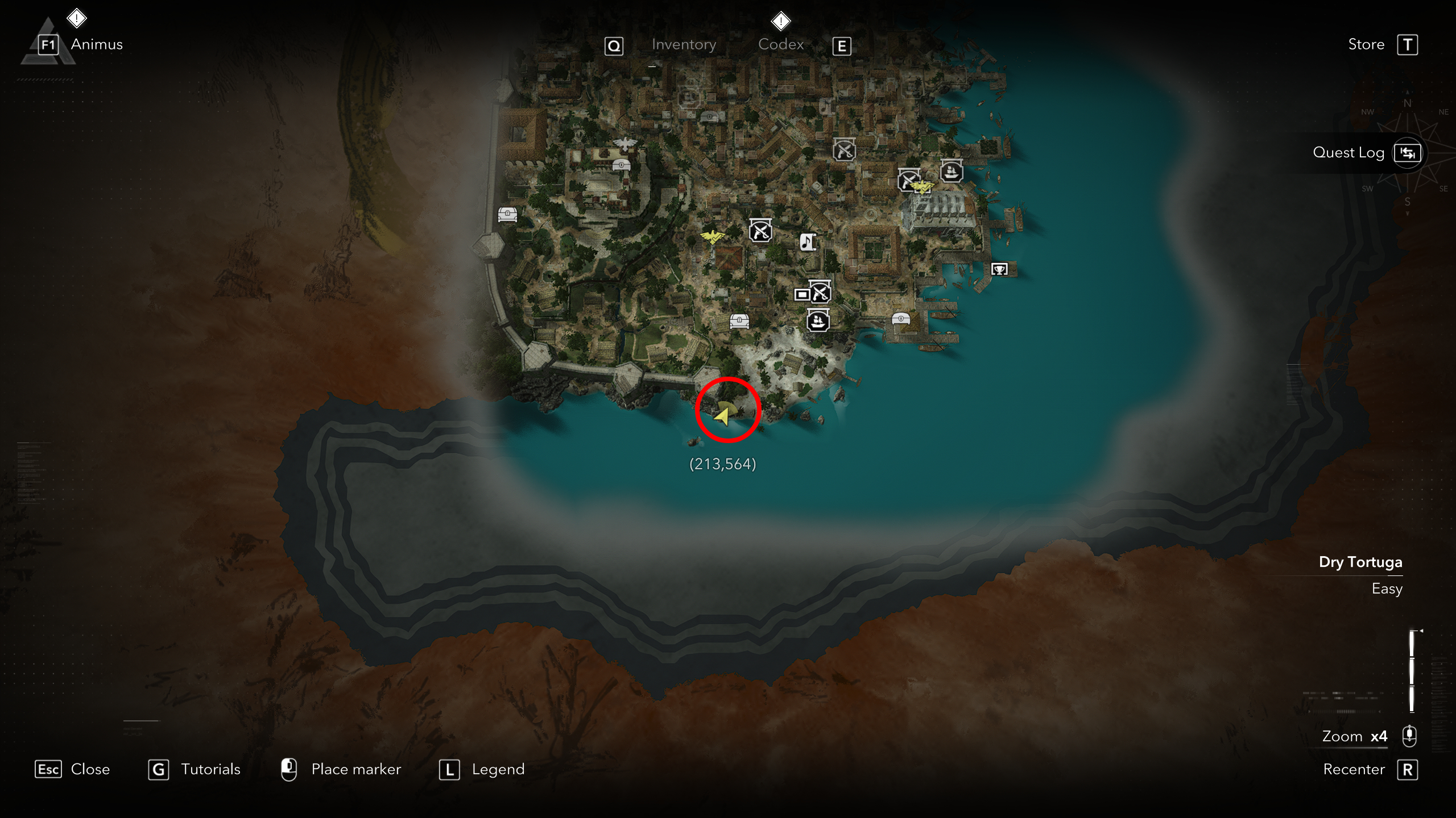 Black Flag treasure maps: A screenshot of the map with a red circle showing the location of the buried treasure chest in Havana.