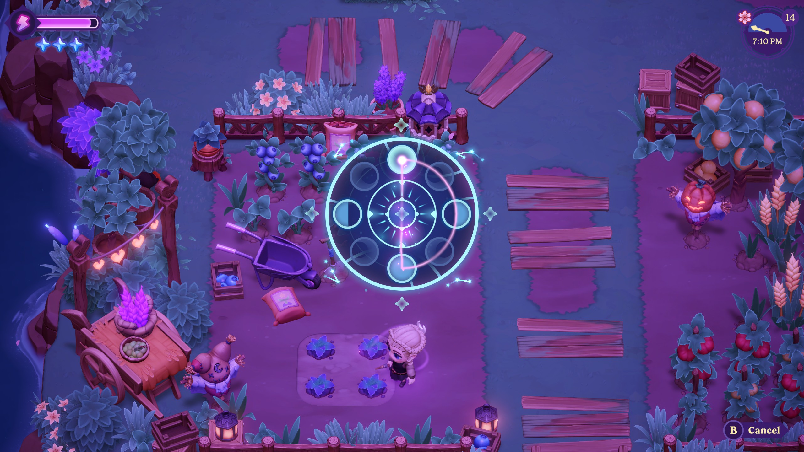 Moonlight Peaks - the player uses a spell by drawing a pattern in a mystical looking radial menu