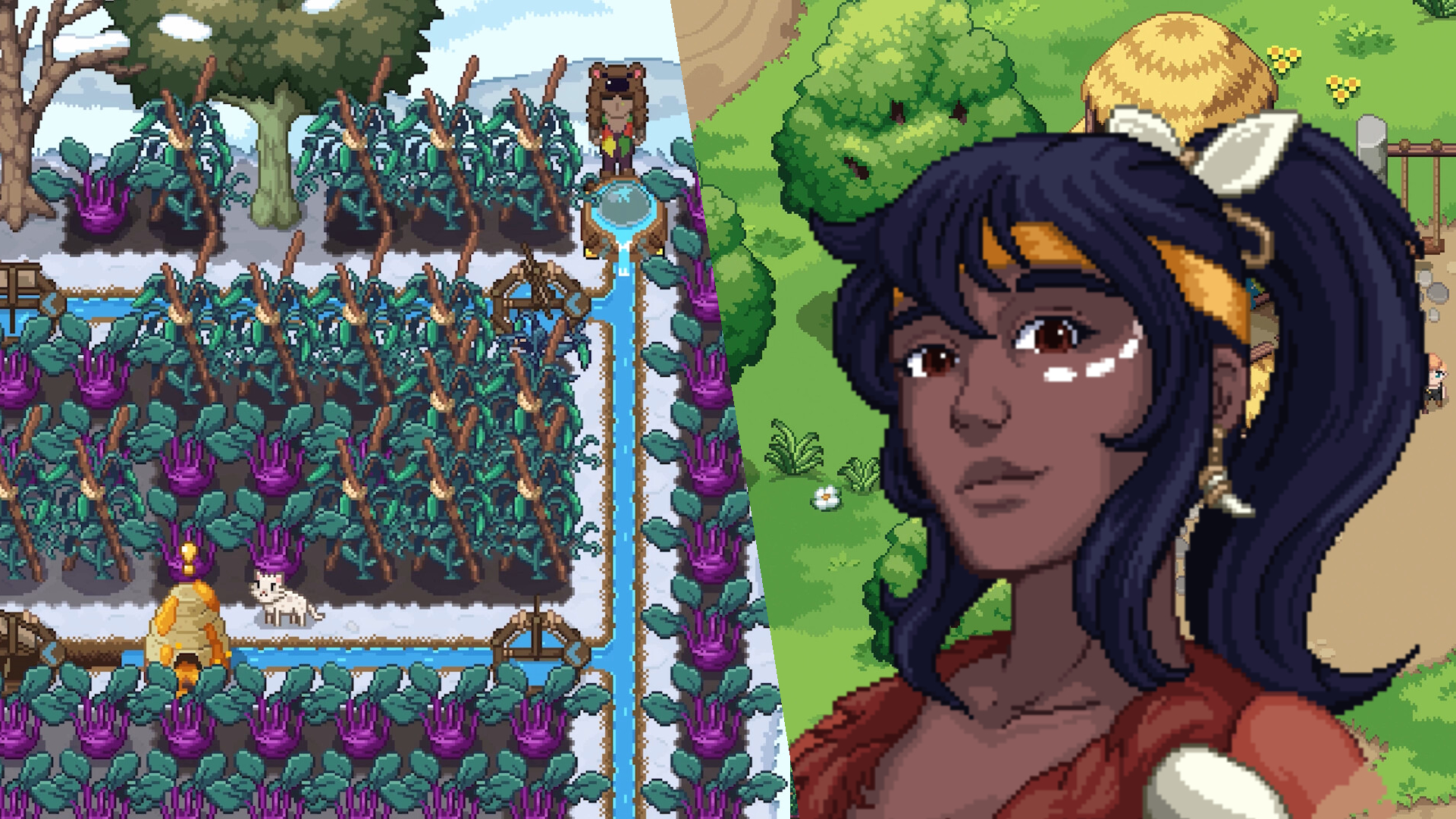 Left: A player uses irrigation to water crops in Roots of Pacha, Right: Mana's portrait