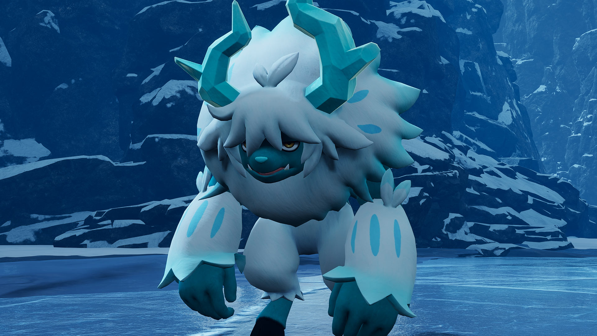 Palworld - Elgrrove, a bipedal pal with white fur all over and blue horns