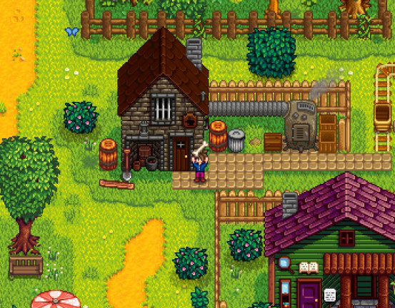 A Stardew Valley player holds an item above their head outside the blacksmith.