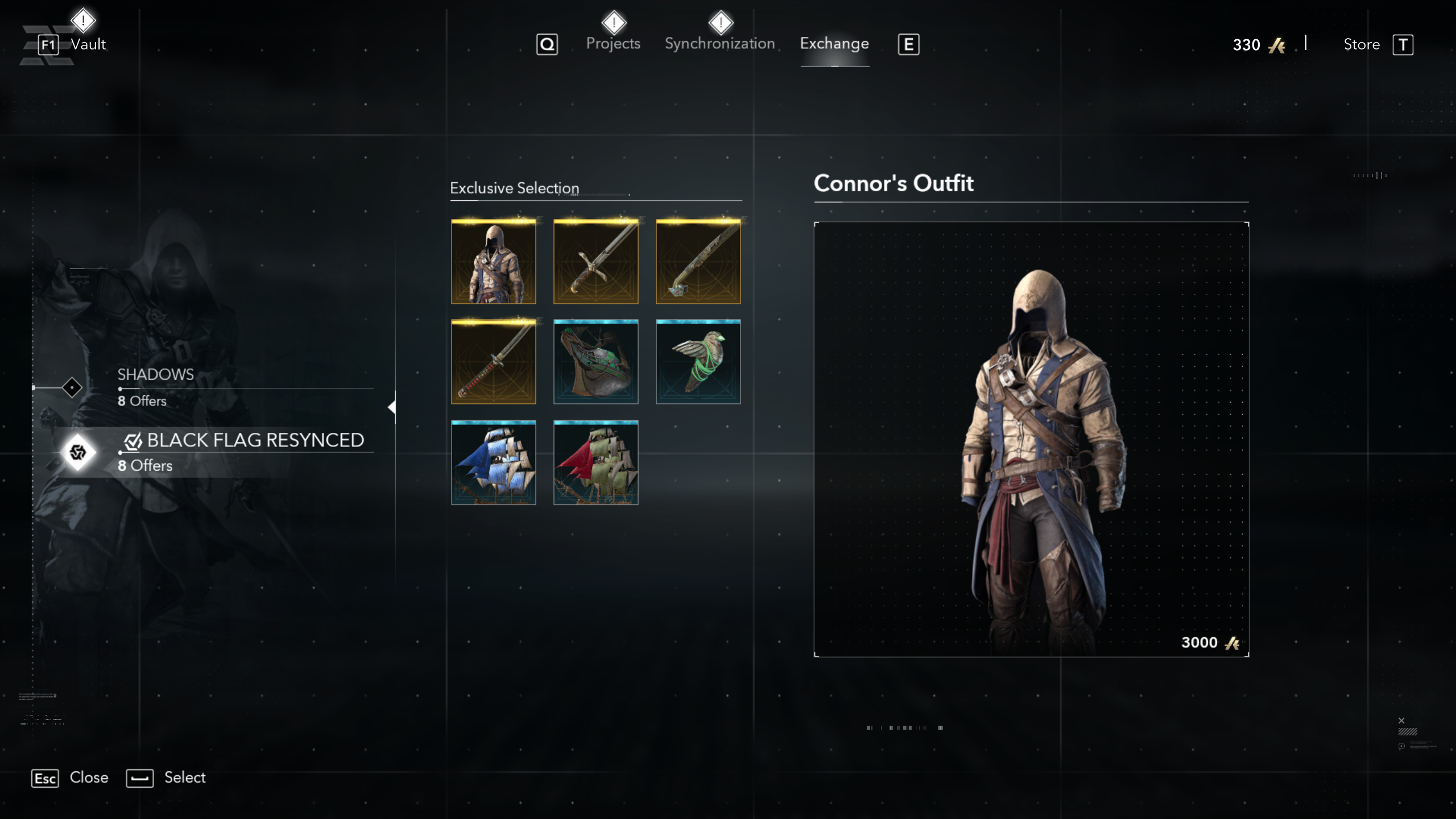 Black Flag outfits: Connor's Outfit viewed in the Exchange menu.