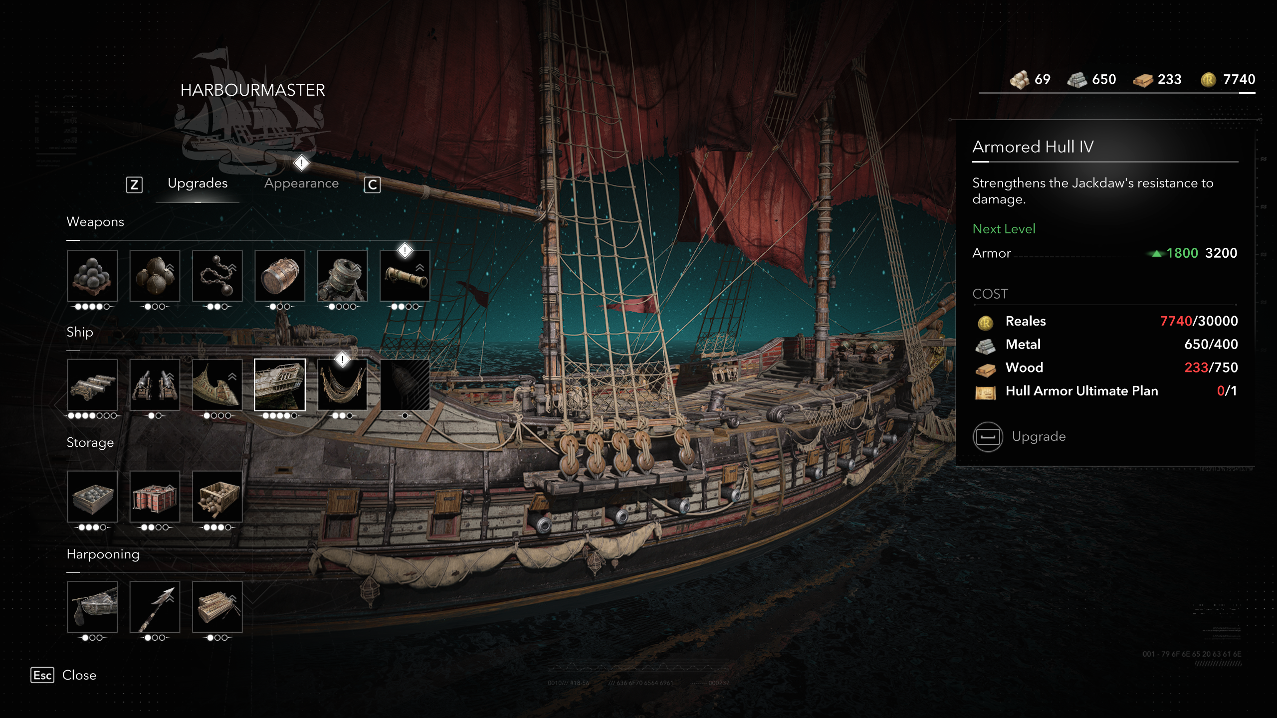 Black Flag Ultimate Ship Plans: A player inspecting the Armoured Hull IV upgrade at the harbourmaster.