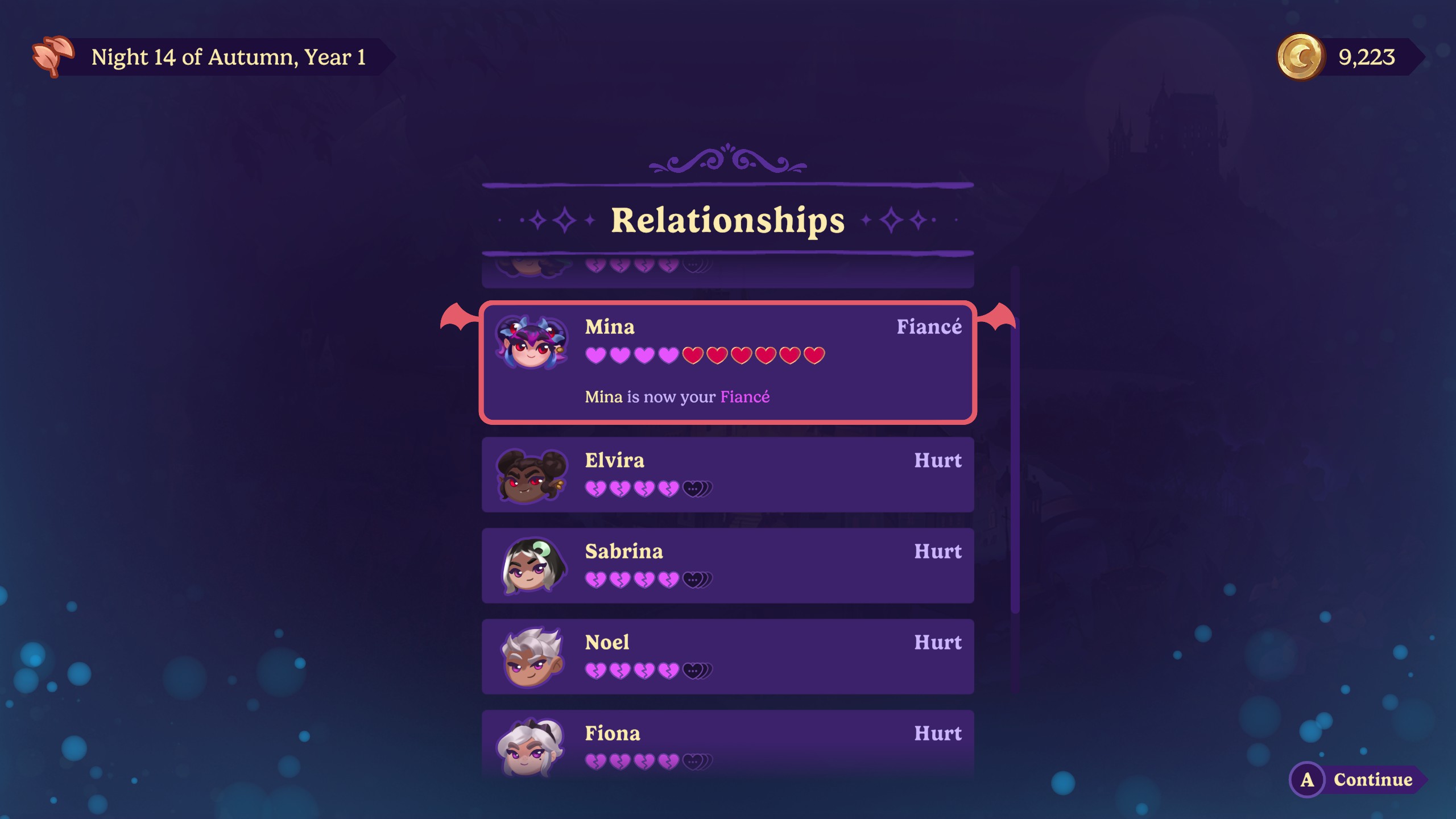 Moonlight Peaks - End of night relationship report showing Mina as 
