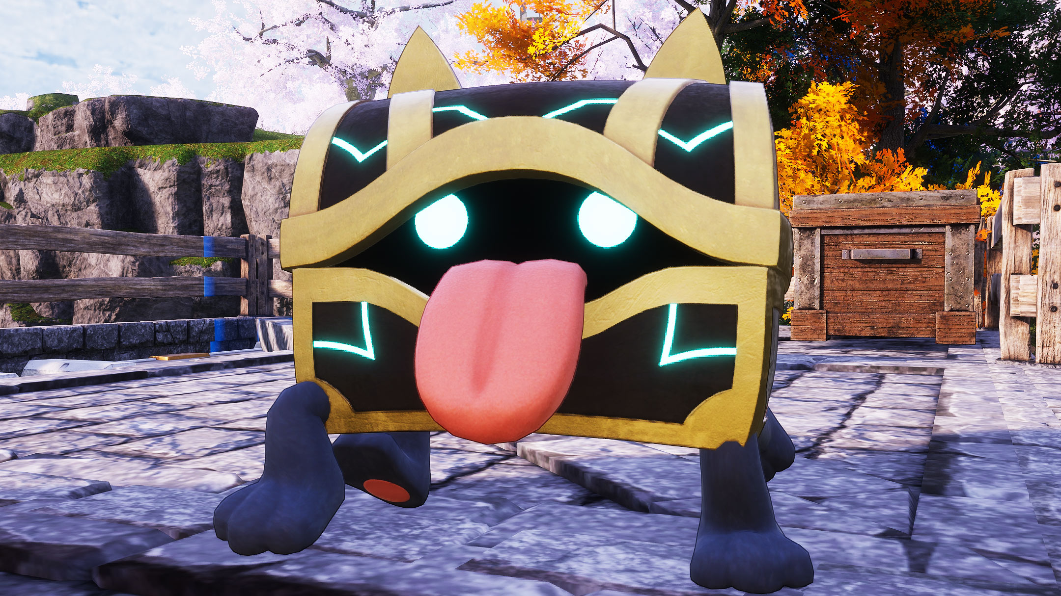 Palworld - Mimog, a pal that looks like a treasure chest with a tongue sticking out.
