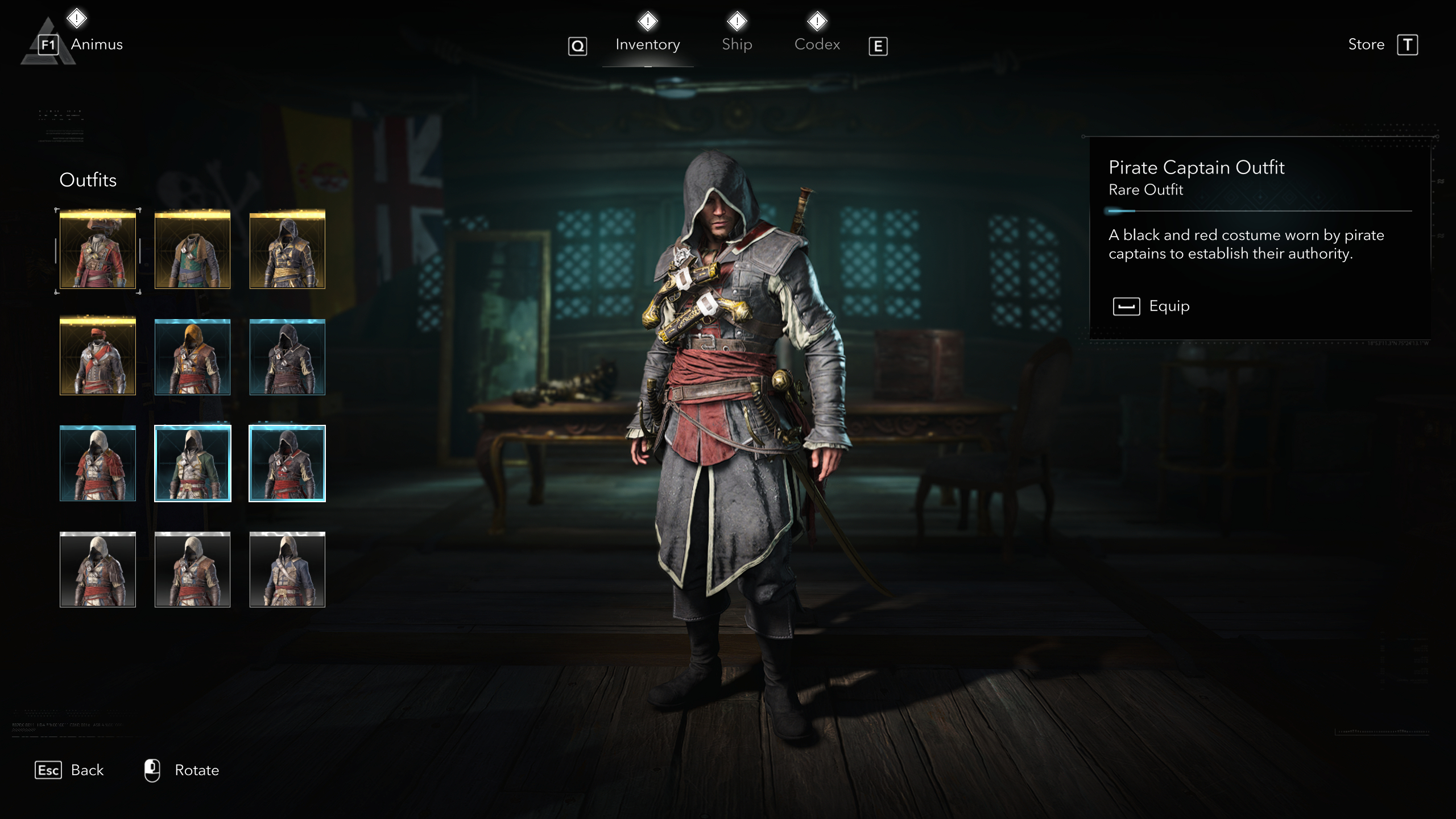 Black Flag outfits: The Pirate Captain Outfit viewed in the menu.