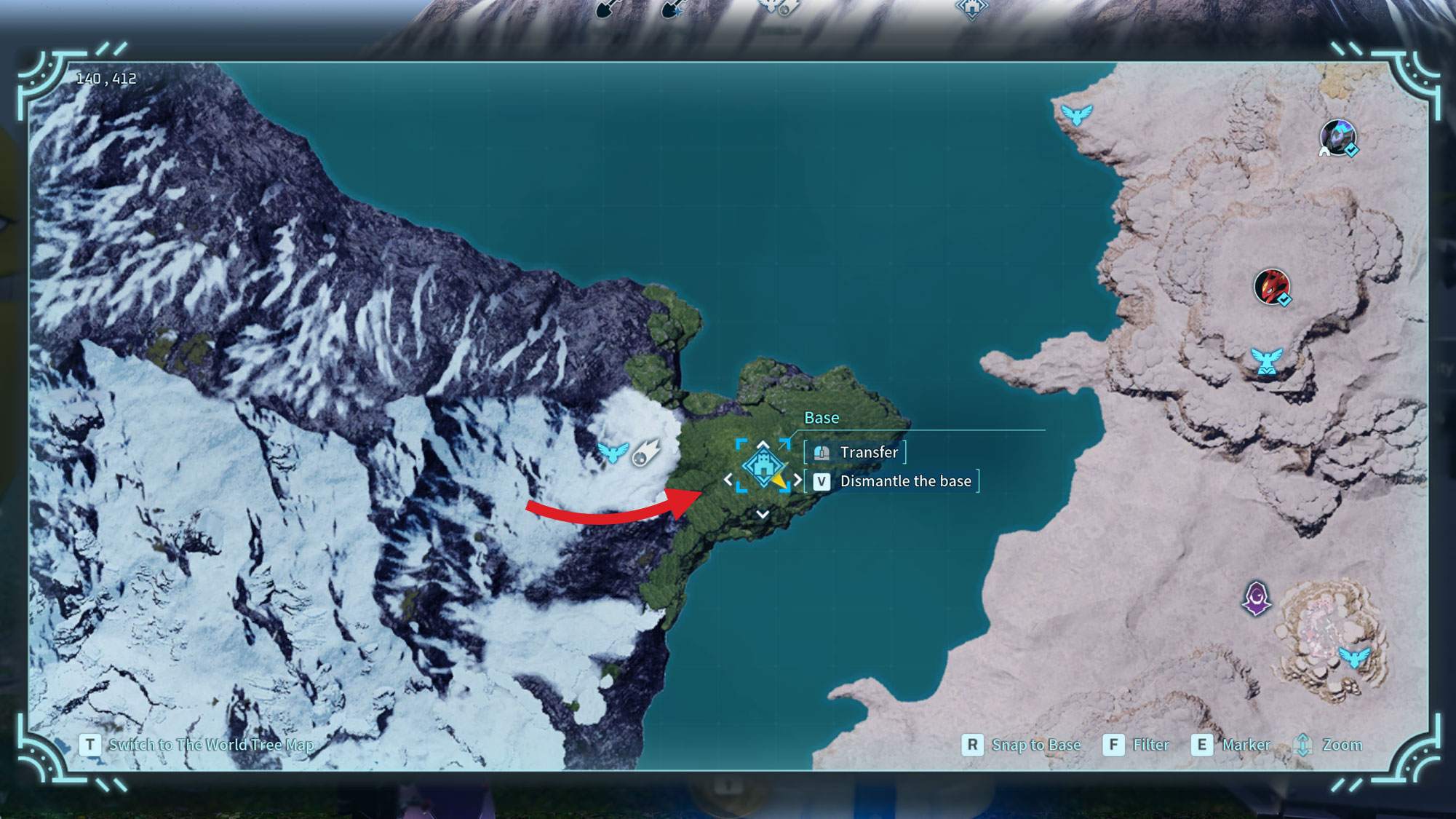 The Palworld map showing a base with a red arrow pointing to it on the eastern side of the Land of Absolute Zero. 