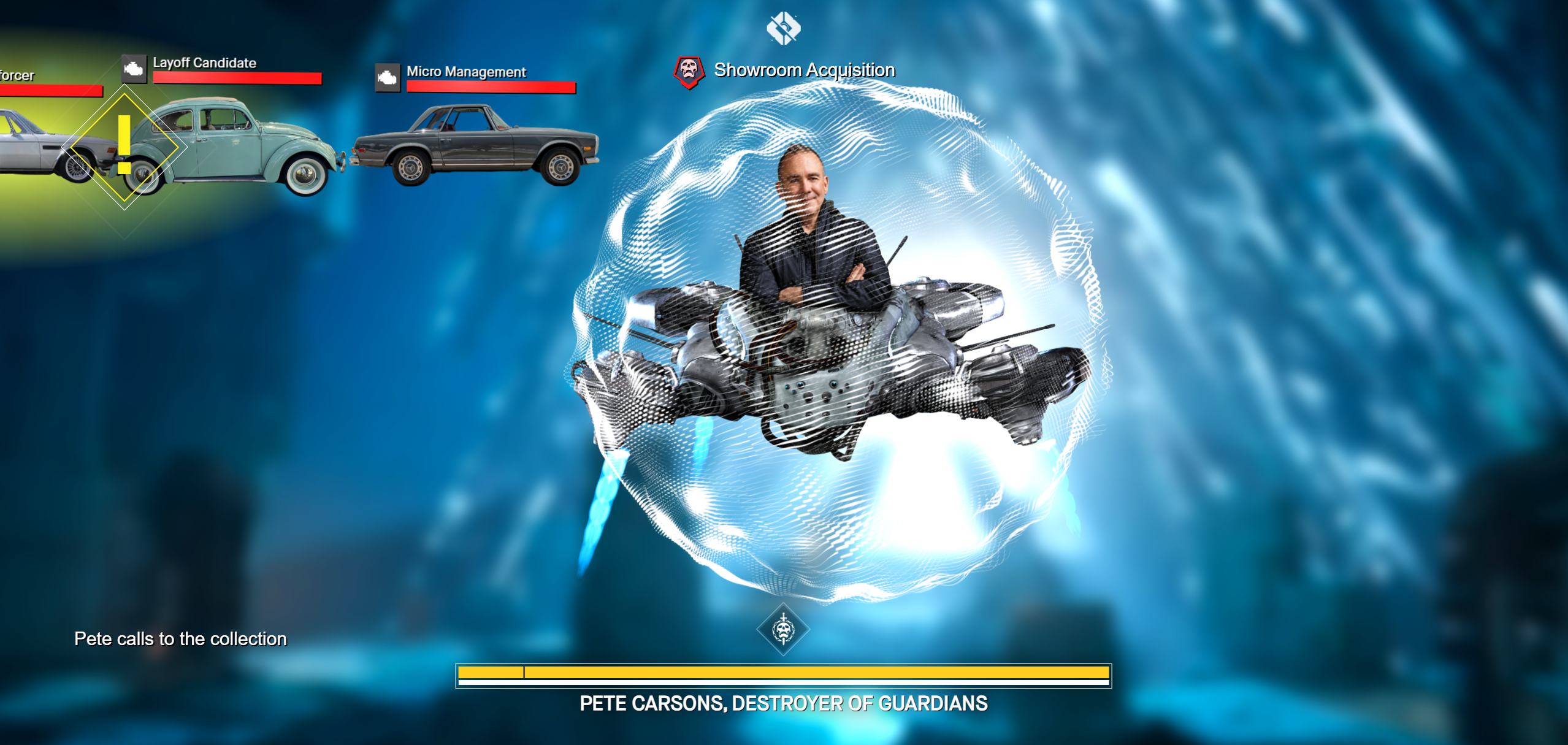 Screenshots from the satirical Pete Carsons' Vault of Cars browser game, showing a boss fight in which they're floating in the middle of the screen, with classic car enemies coming from the left. 