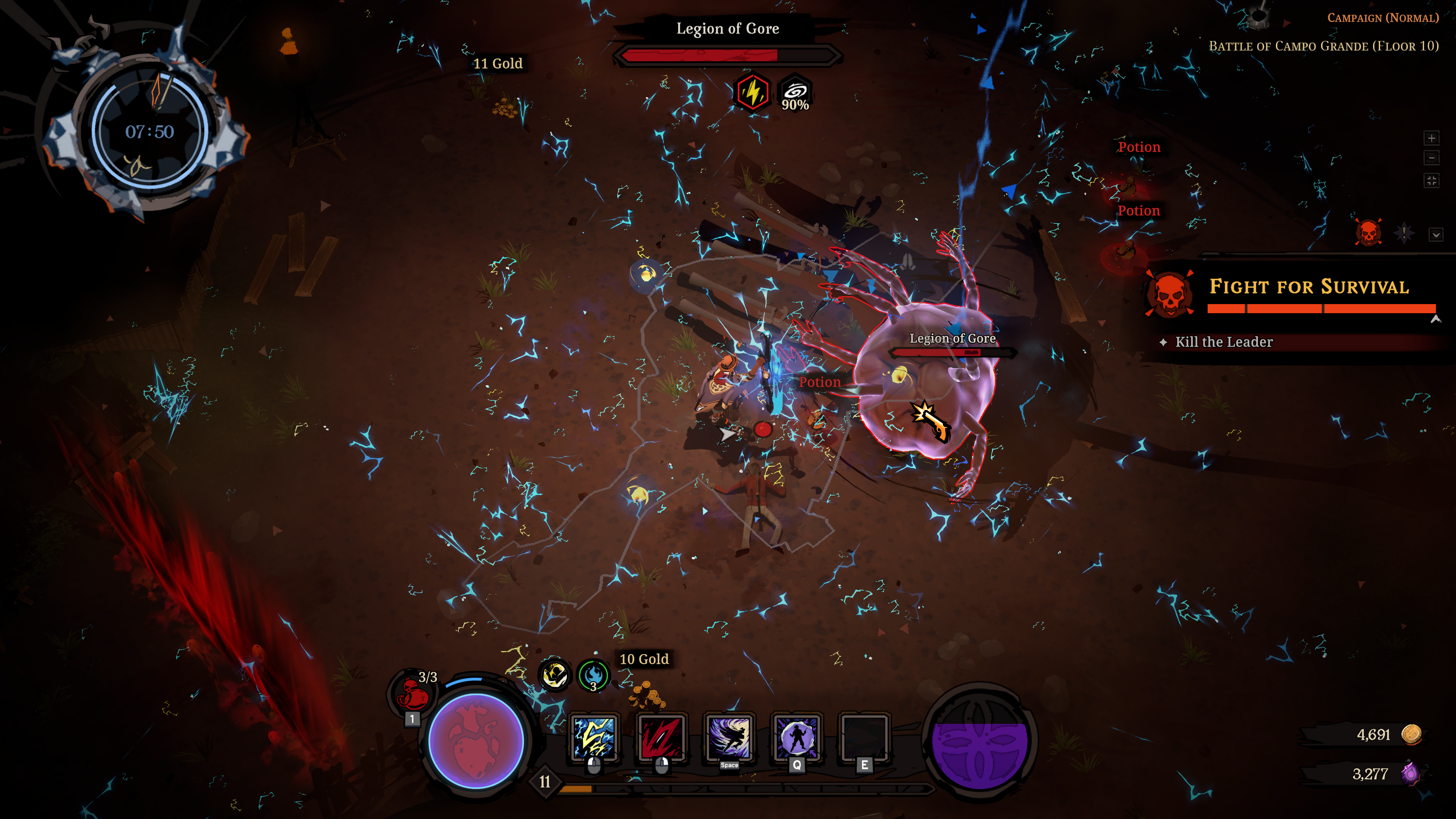 A screenshot of Hell Clock. a player unleashes a wave of lightning bolts against a horde of monsters.