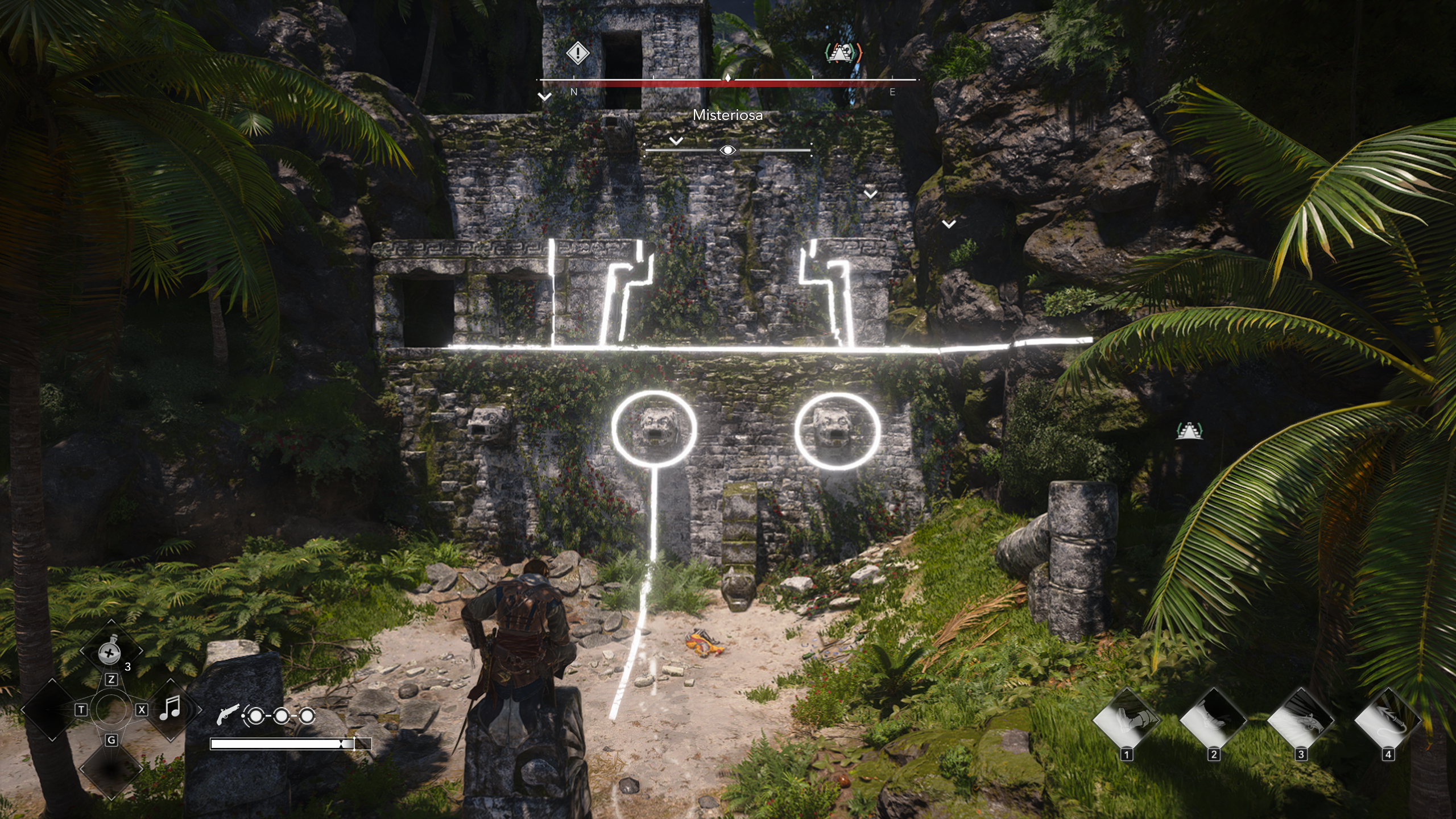 Black Flag Mayan stones: Edward crouched on top of the stele solving the puzzle in the ruin wall ahead.