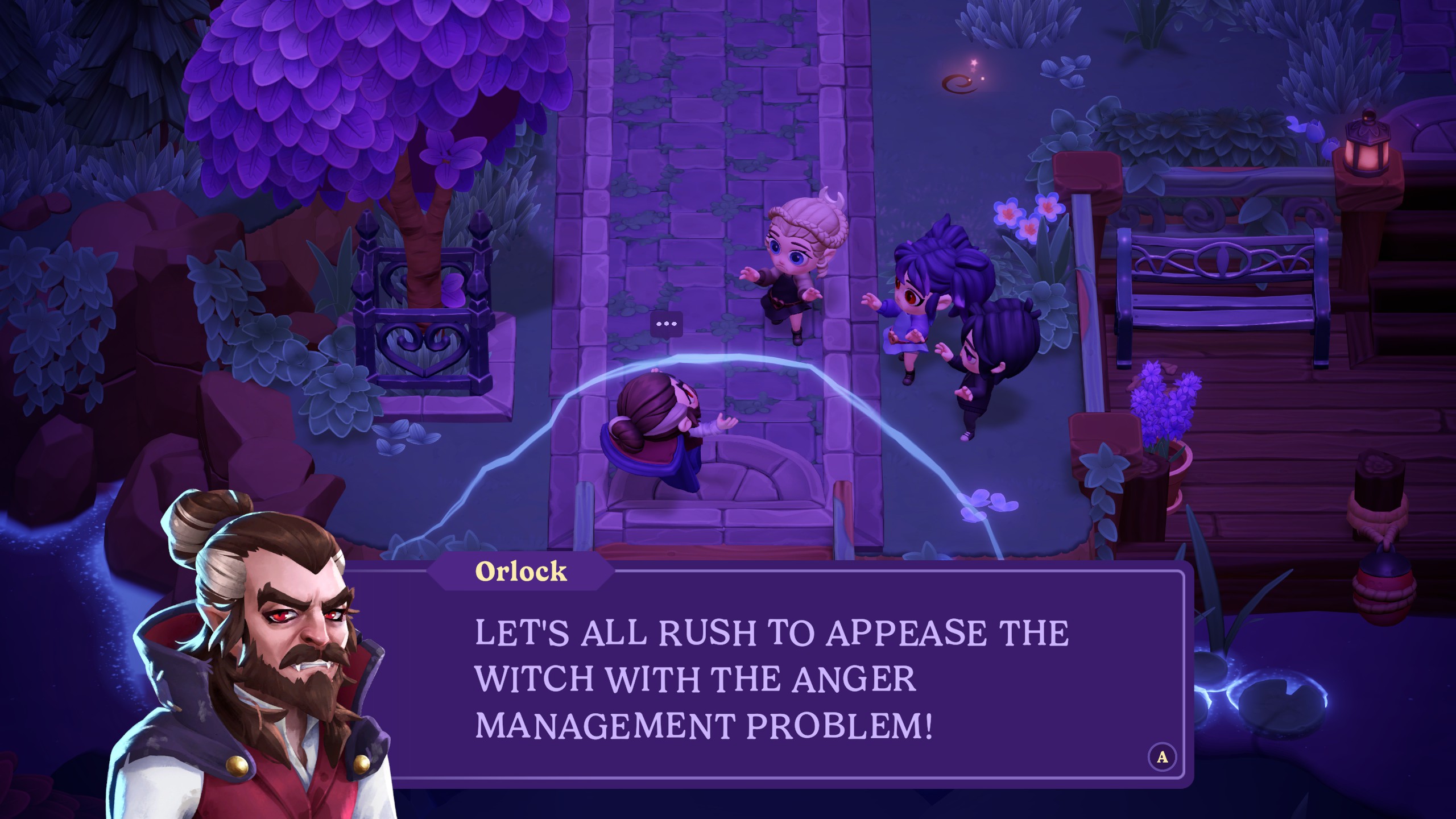 Moonlight Peaks - Orlock raises his hands in the air and screams in all caps: "Let's all rish to appease the witch with the anger management problem!"